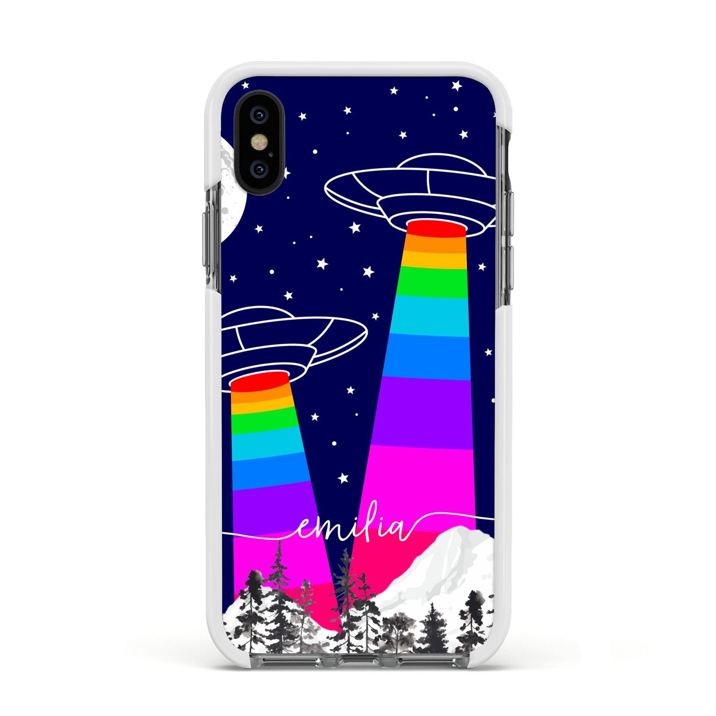 UFO Forest Scene Personalised Name Apple iPhone Xs Impact Case White Edge on Black Phone