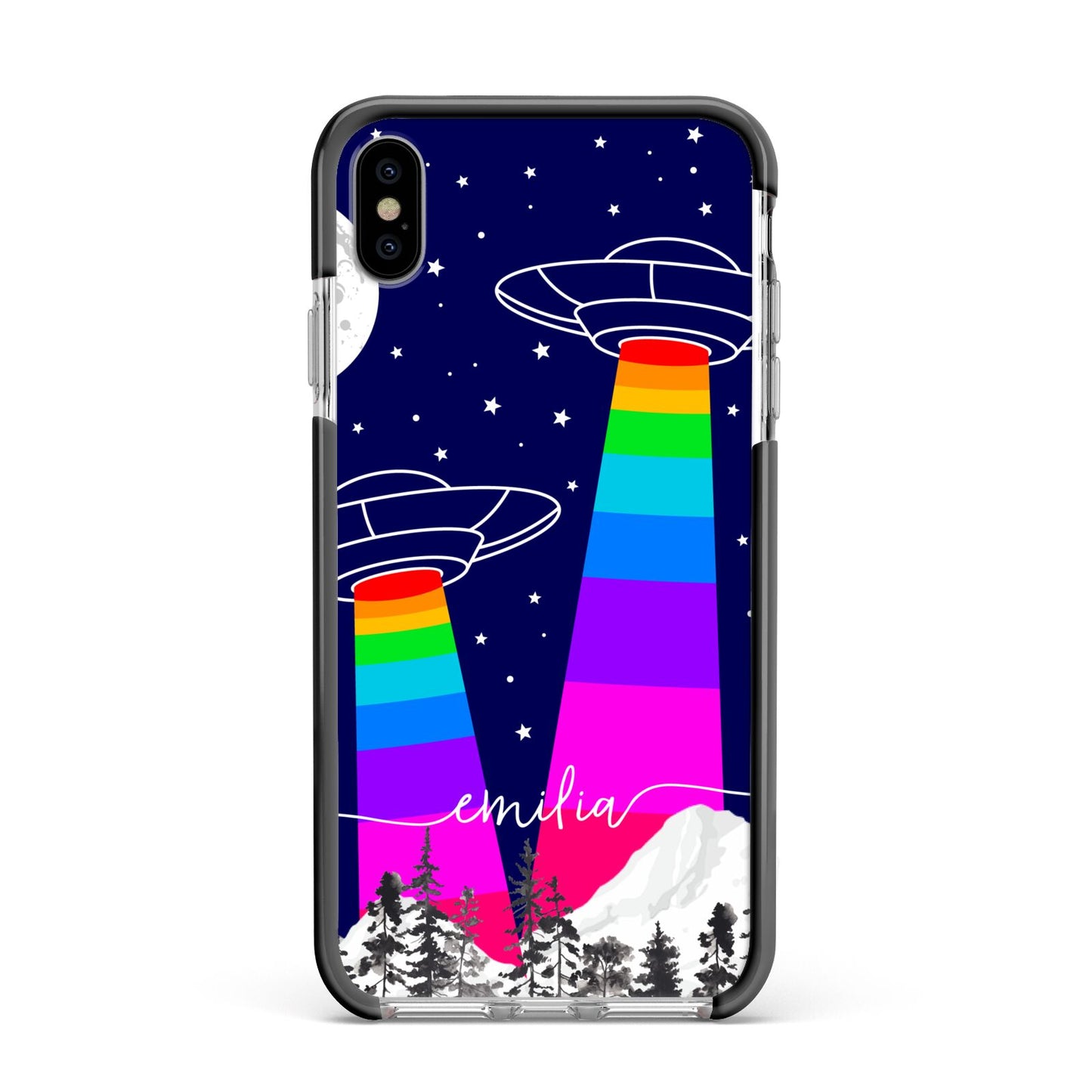 UFO Forest Scene Personalised Name Apple iPhone Xs Max Impact Case Black Edge on Silver Phone