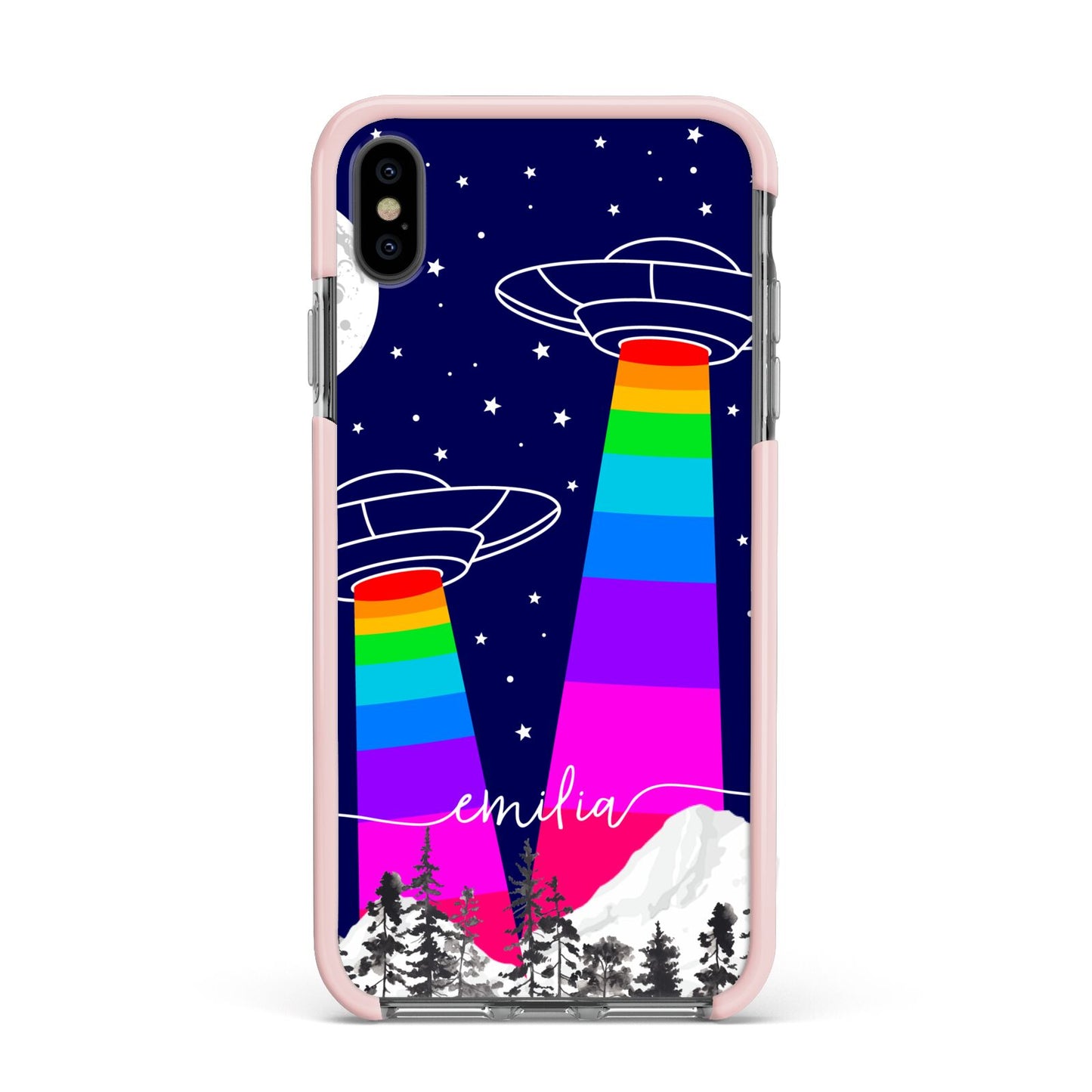 UFO Forest Scene Personalised Name Apple iPhone Xs Max Impact Case Pink Edge on Black Phone