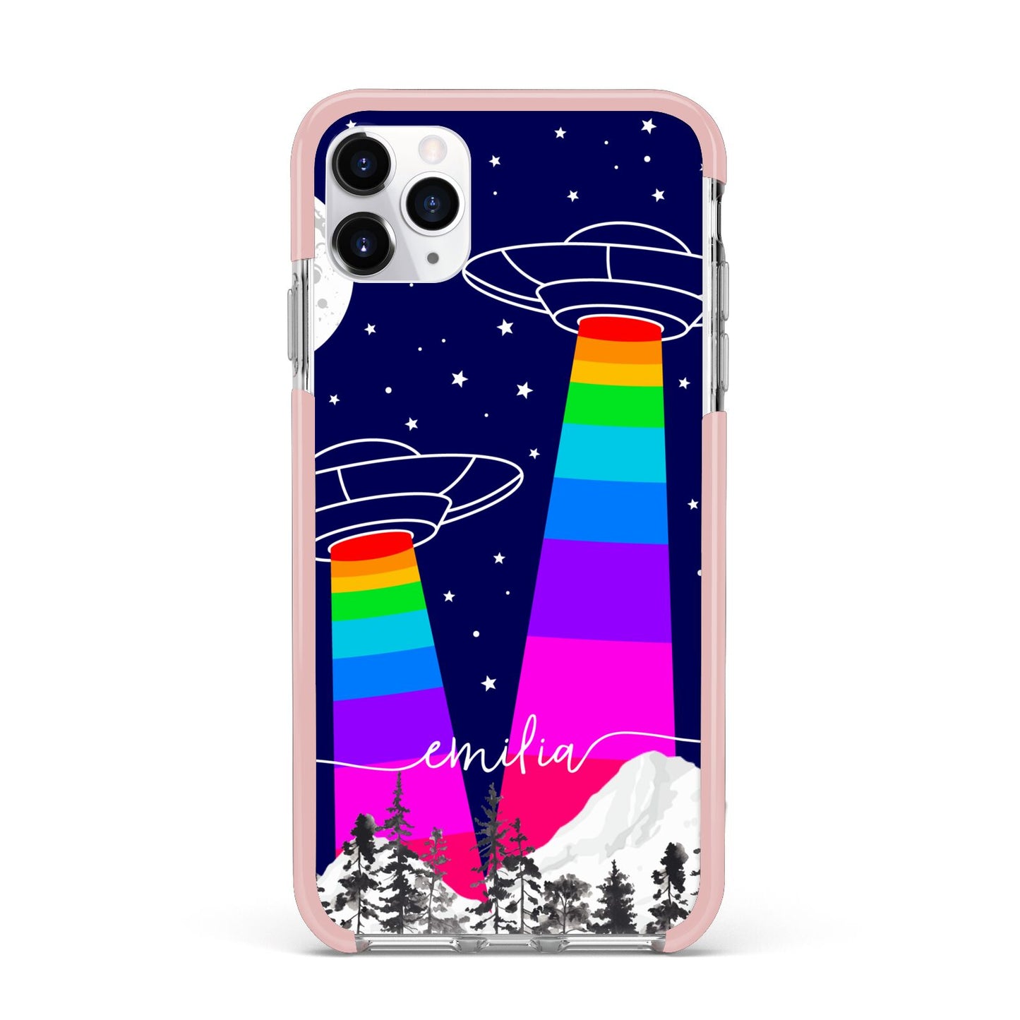 UFO Forest Scene Personalised Name iPhone 11 Pro Max Impact Pink Edge Case