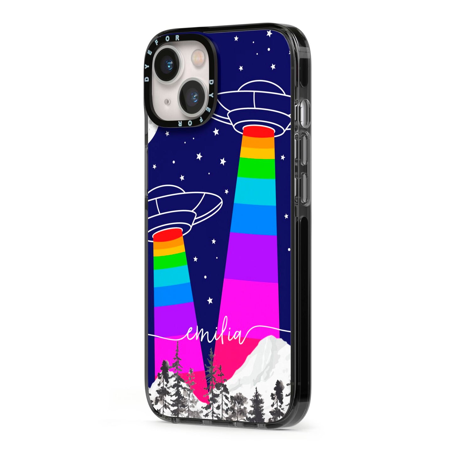 UFO Forest Scene Personalised Name iPhone 13 Black Impact Case Side Angle on Silver phone