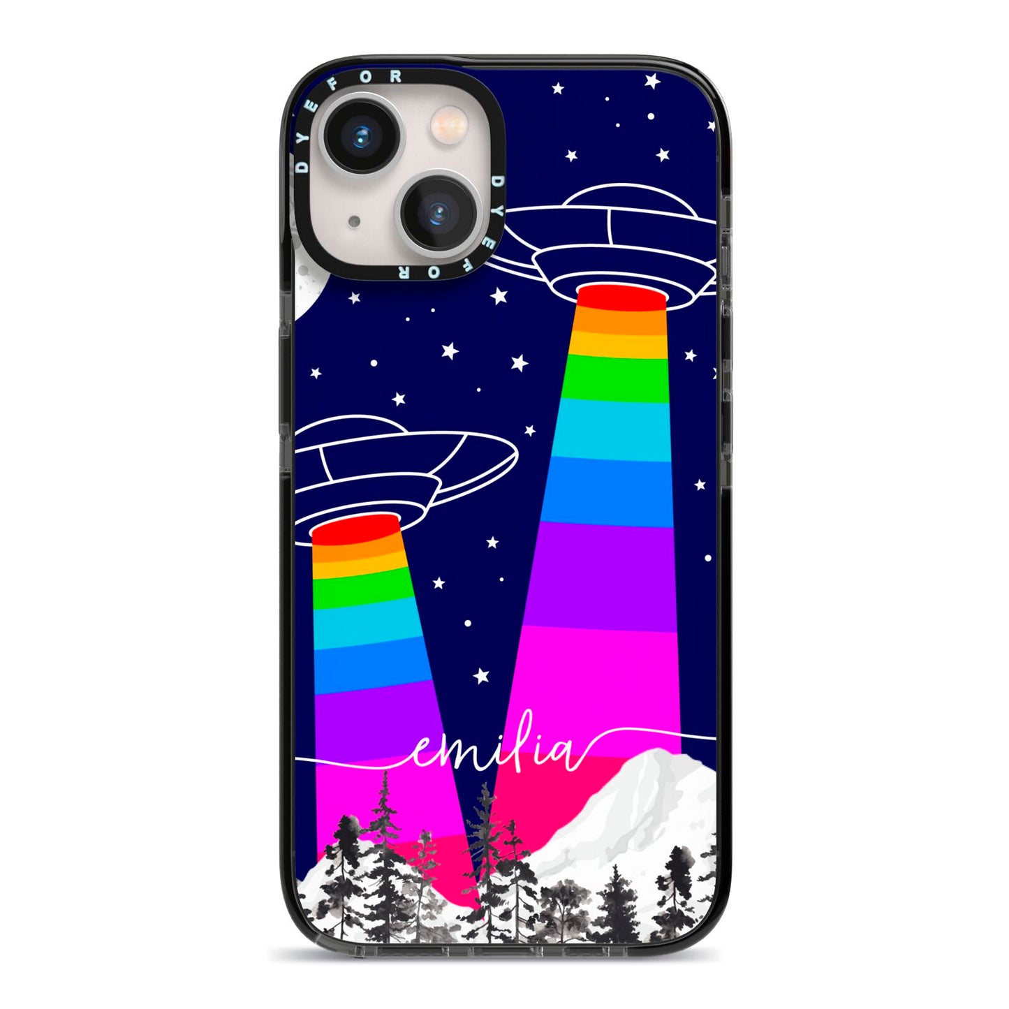 UFO Forest Scene Personalised Name iPhone 13 Black Impact Case on Silver phone