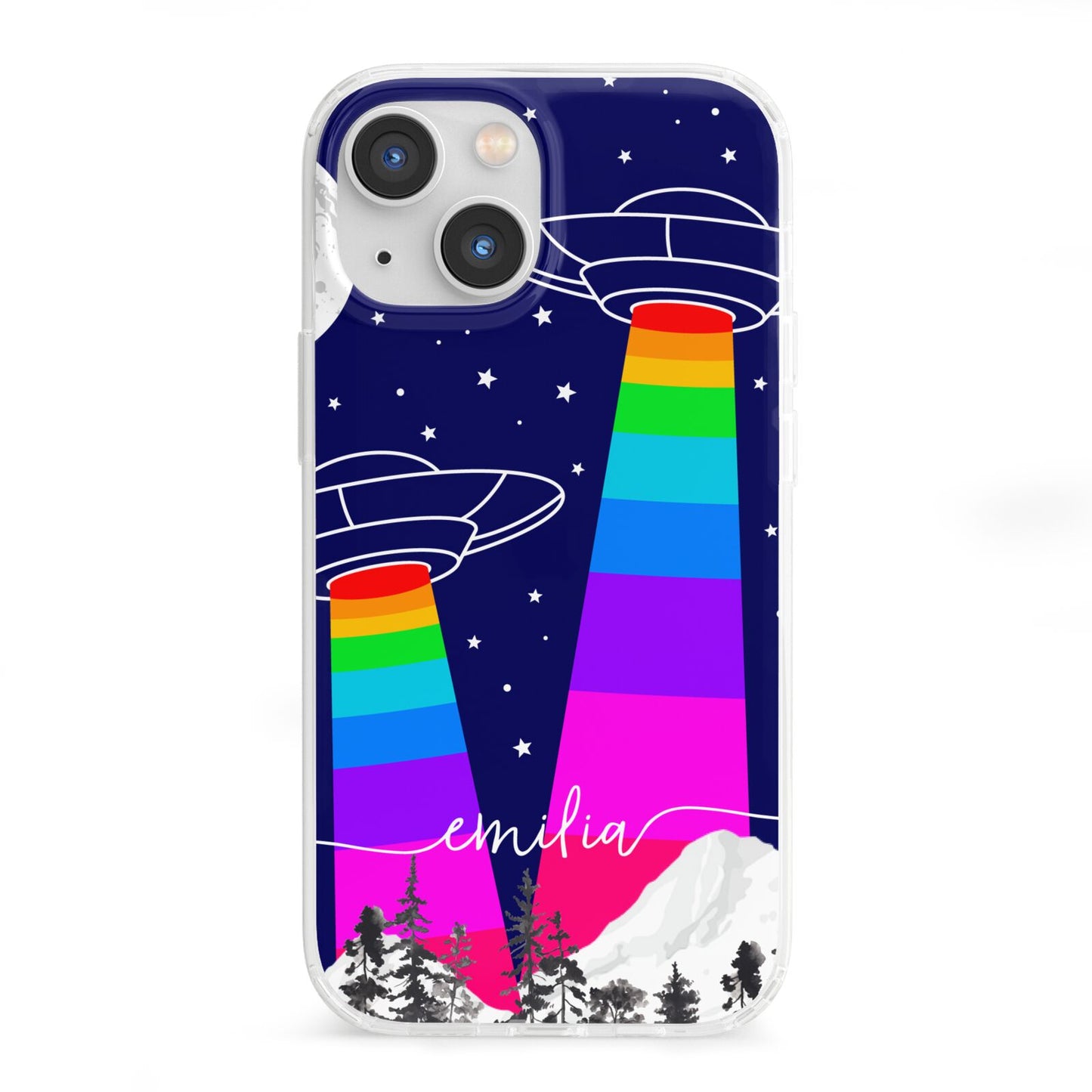UFO Forest Scene Personalised Name iPhone 13 Mini Clear Bumper Case