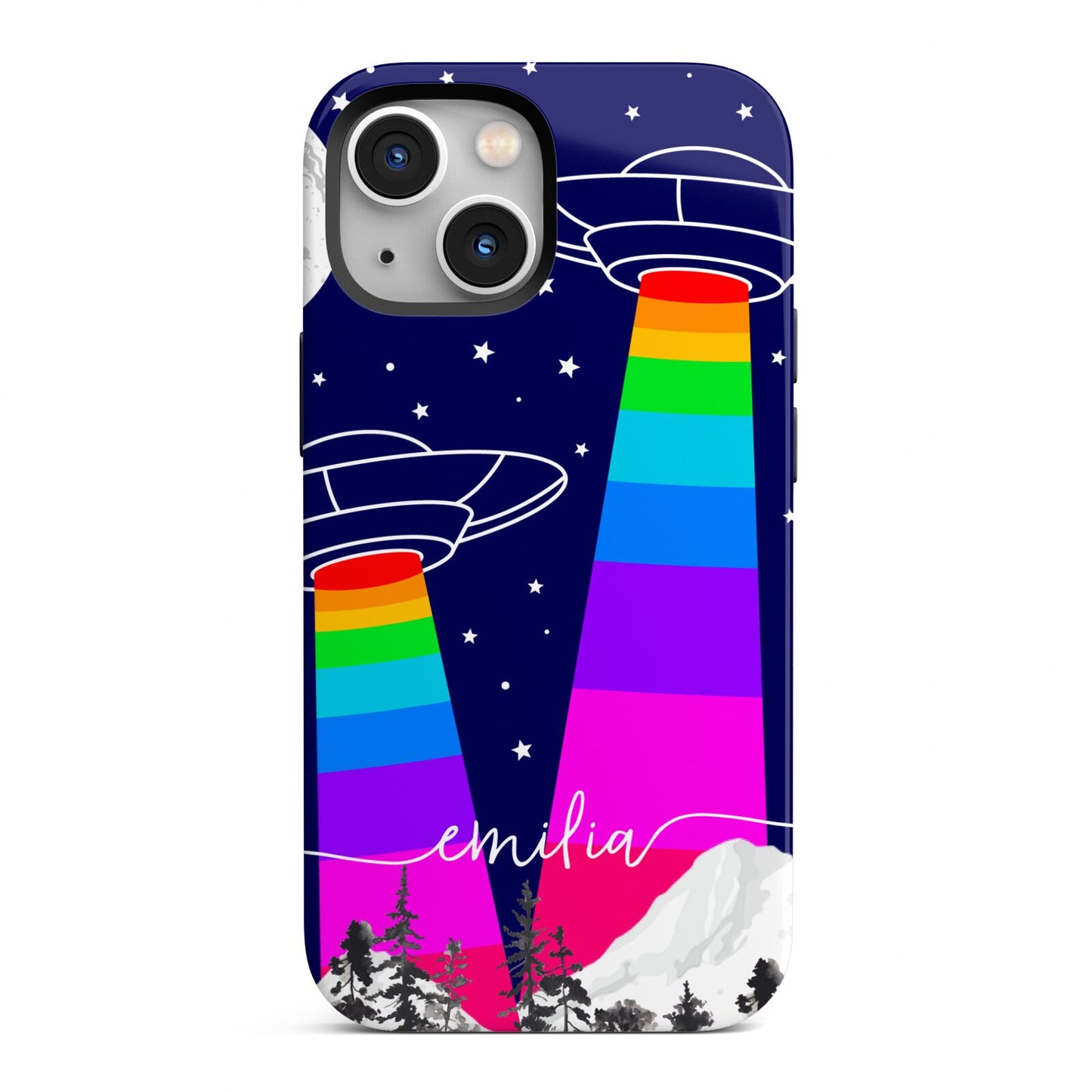 UFO Forest Scene Personalised Name iPhone 13 Mini Full Wrap 3D Tough Case