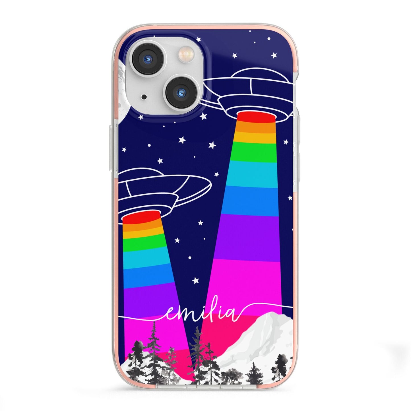 UFO Forest Scene Personalised Name iPhone 13 Mini TPU Impact Case with Pink Edges
