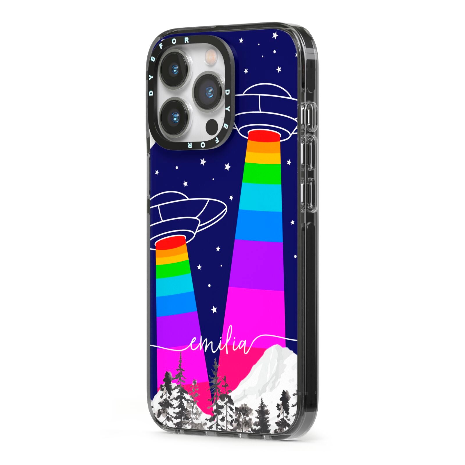 UFO Forest Scene Personalised Name iPhone 13 Pro Black Impact Case Side Angle on Silver phone