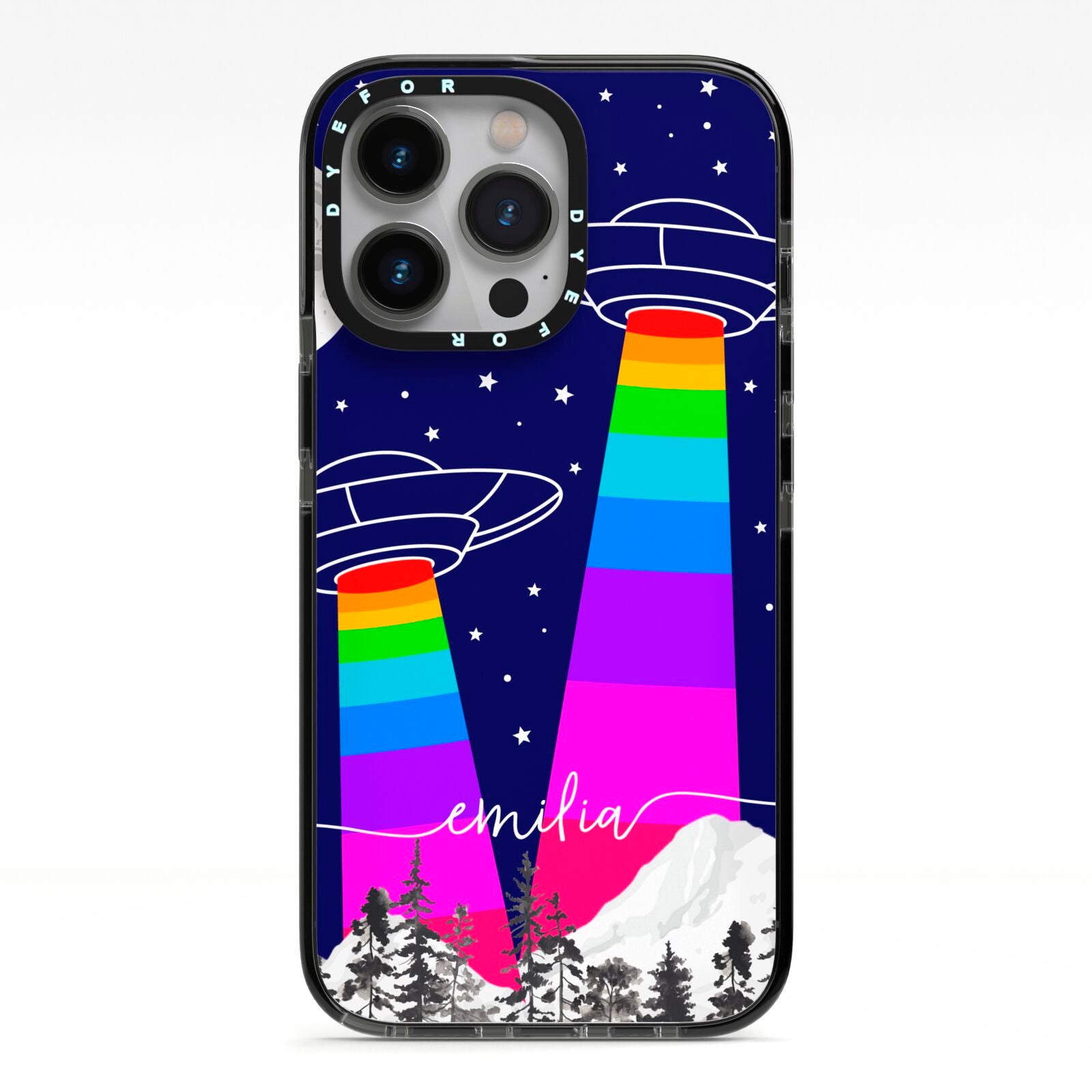 UFO Forest Scene Personalised Name iPhone 13 Pro Black Impact Case on Silver phone
