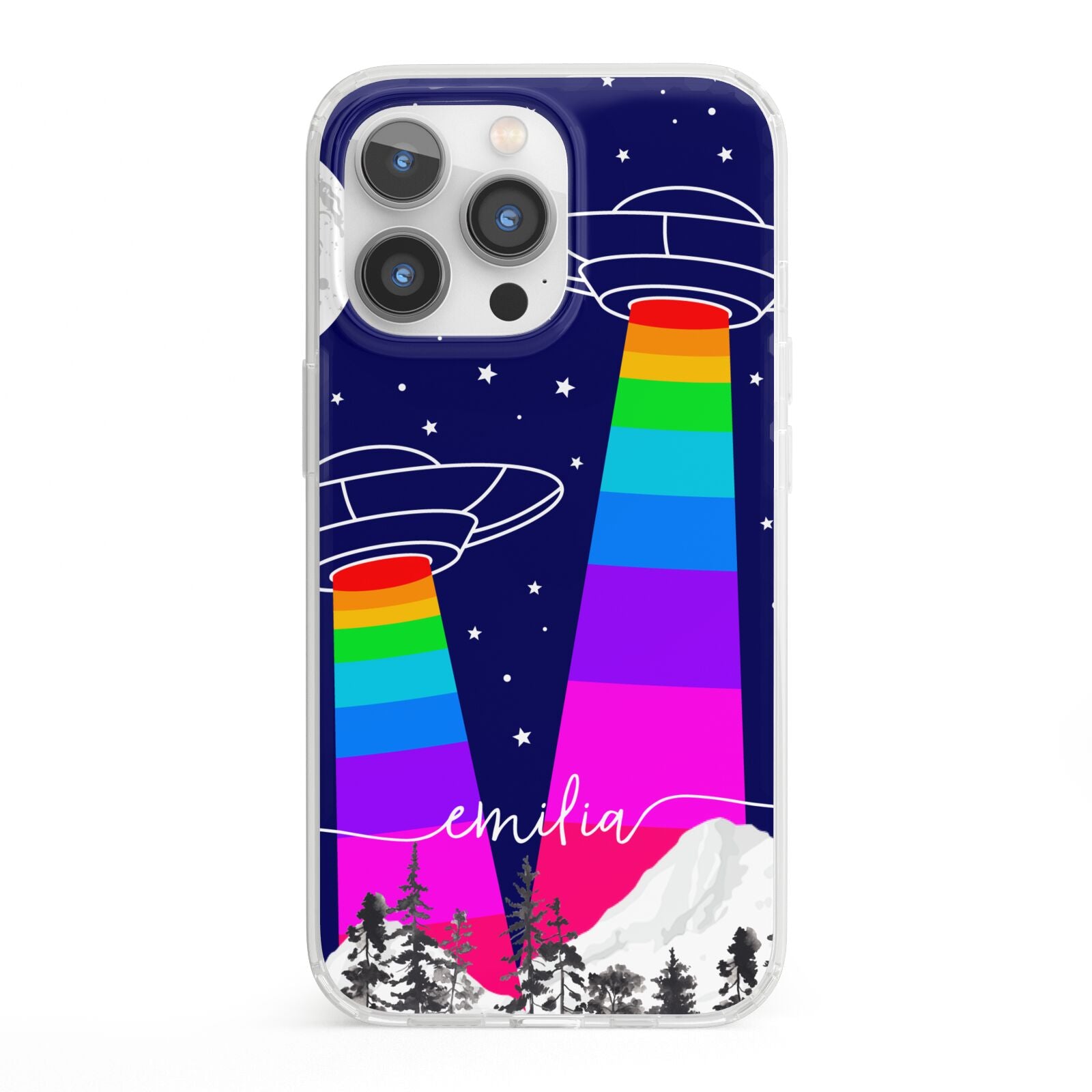 UFO Forest Scene Personalised Name iPhone 13 Pro Clear Bumper Case