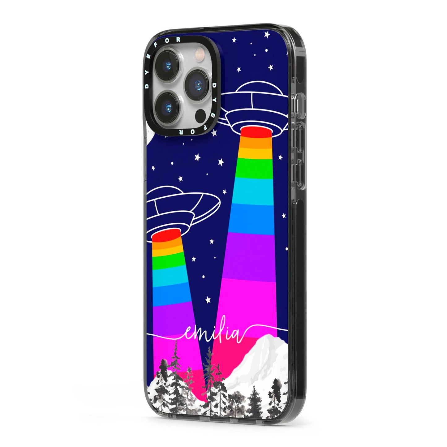 UFO Forest Scene Personalised Name iPhone 13 Pro Max Black Impact Case Side Angle on Silver phone