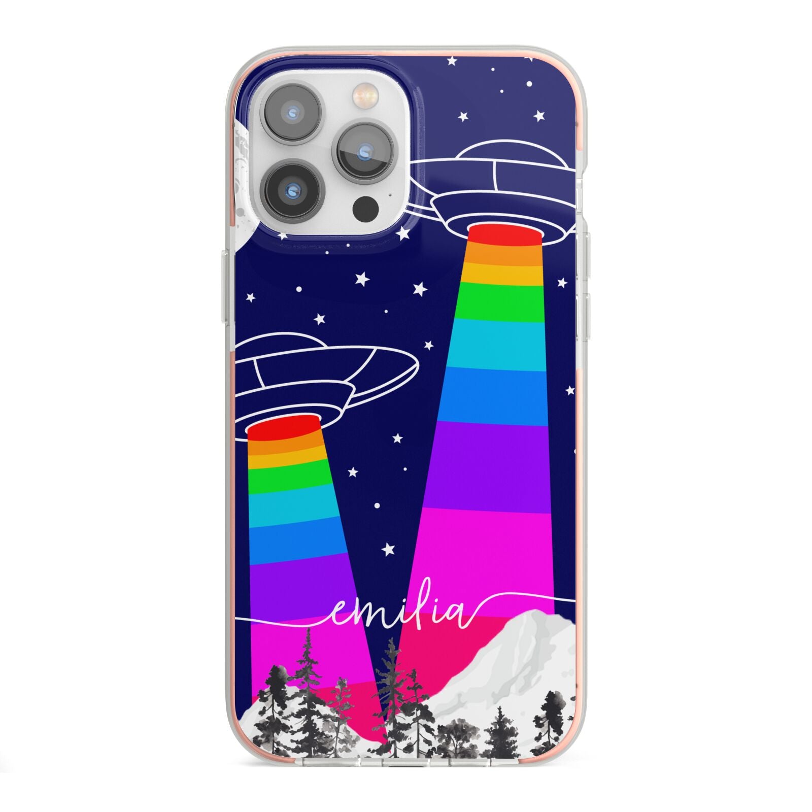 UFO Forest Scene Personalised Name iPhone 13 Pro Max TPU Impact Case with Pink Edges