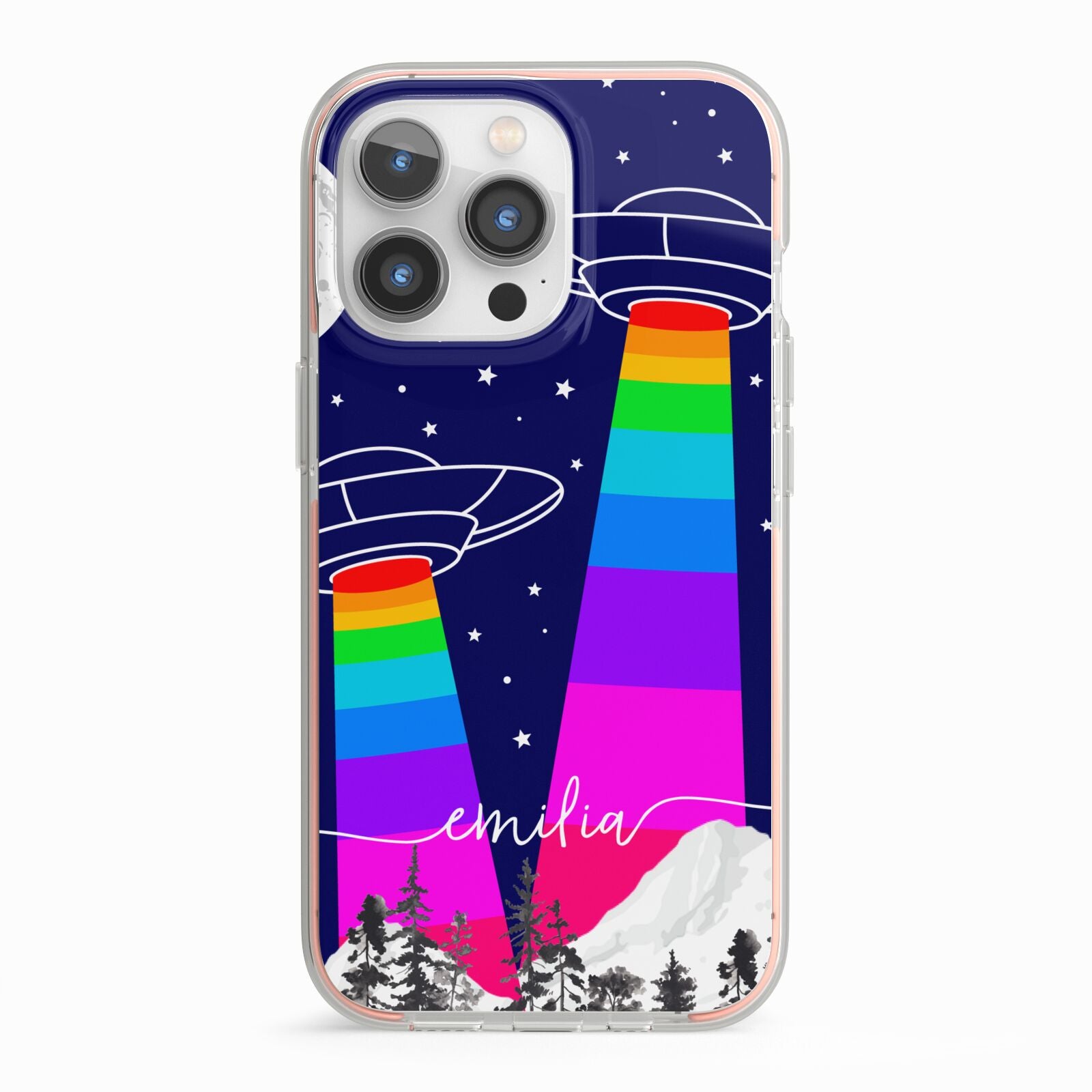 UFO Forest Scene Personalised Name iPhone 13 Pro TPU Impact Case with Pink Edges
