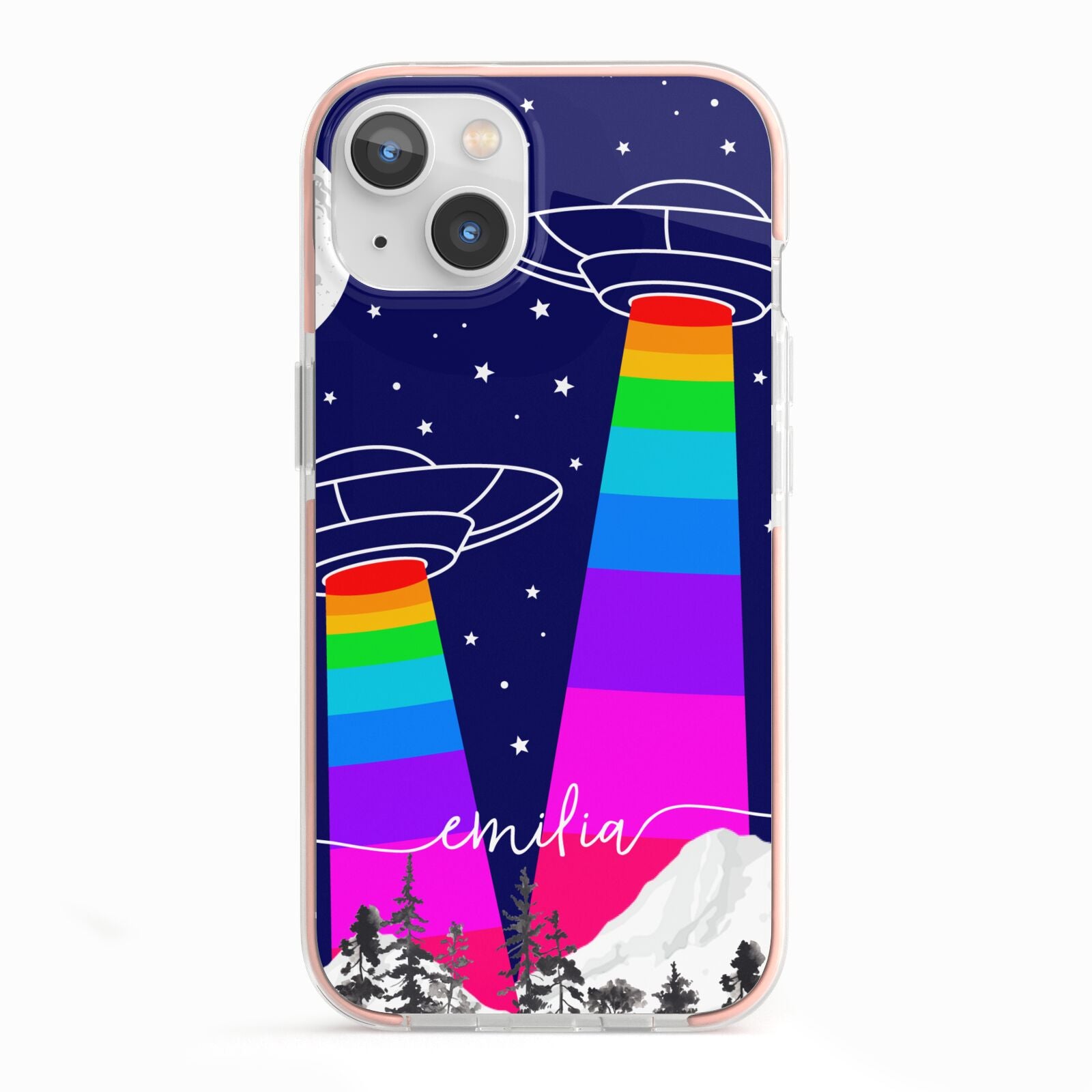UFO Forest Scene Personalised Name iPhone 13 TPU Impact Case with Pink Edges