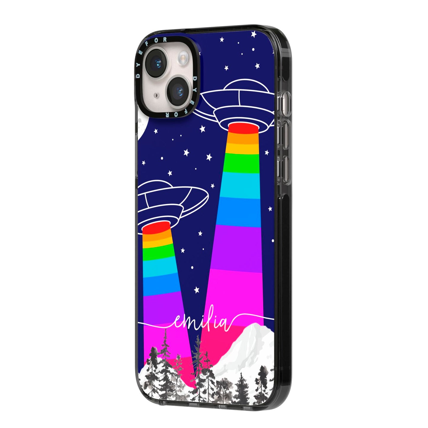 UFO Forest Scene Personalised Name iPhone 14 Plus Black Impact Case Side Angle on Silver phone