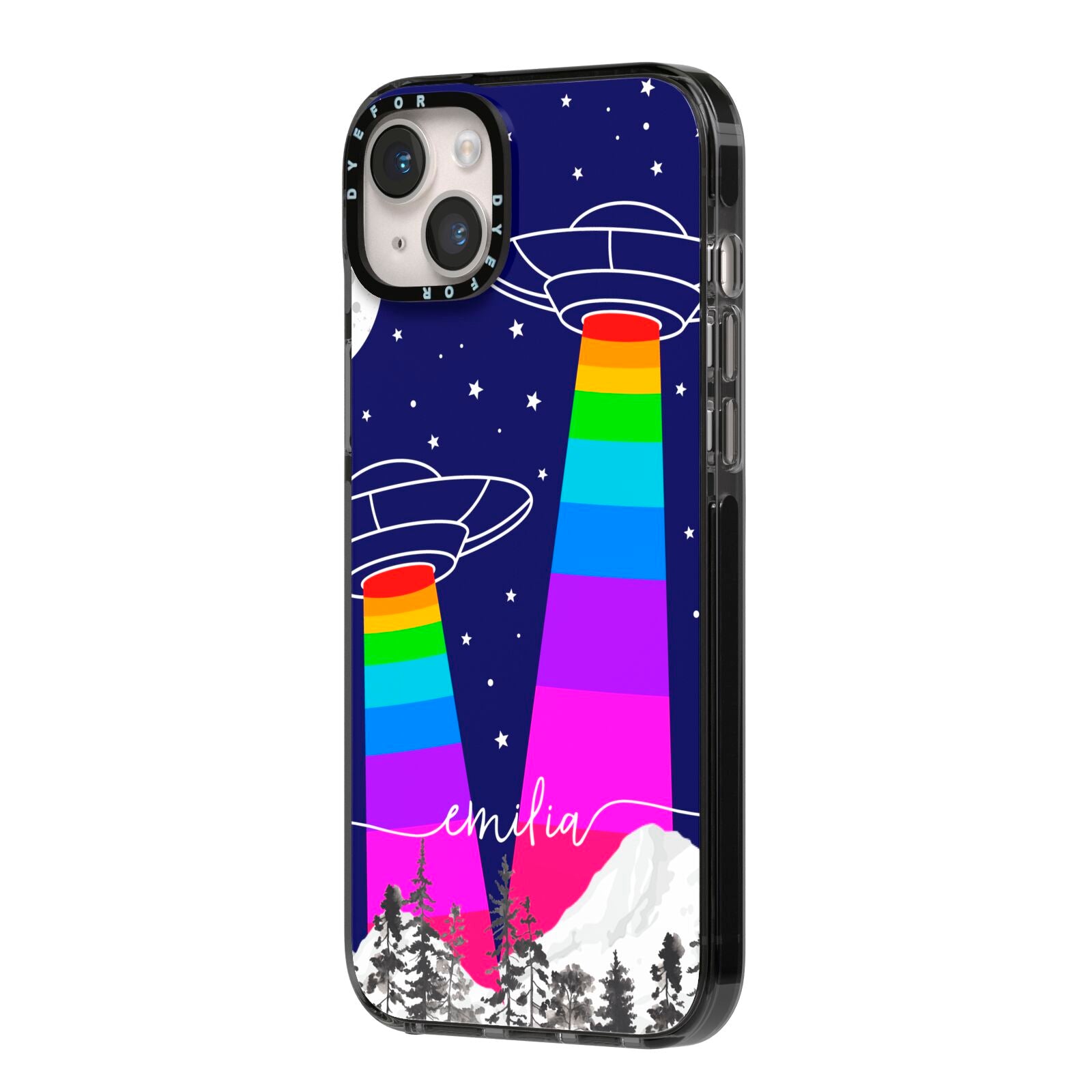 UFO Forest Scene Personalised Name iPhone 14 Plus Black Impact Case Side Angle on Silver phone