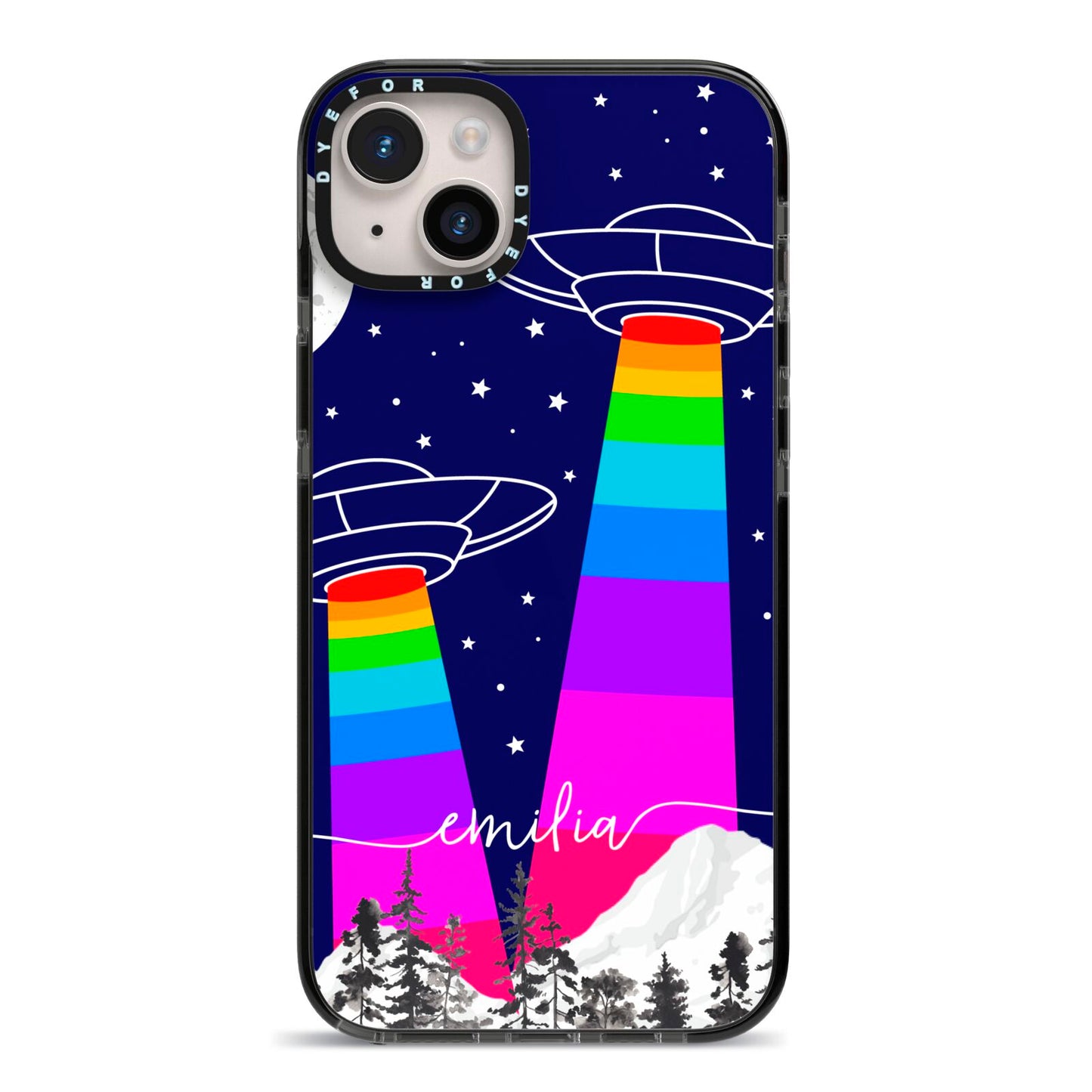 UFO Forest Scene Personalised Name iPhone 14 Plus Black Impact Case on Silver phone