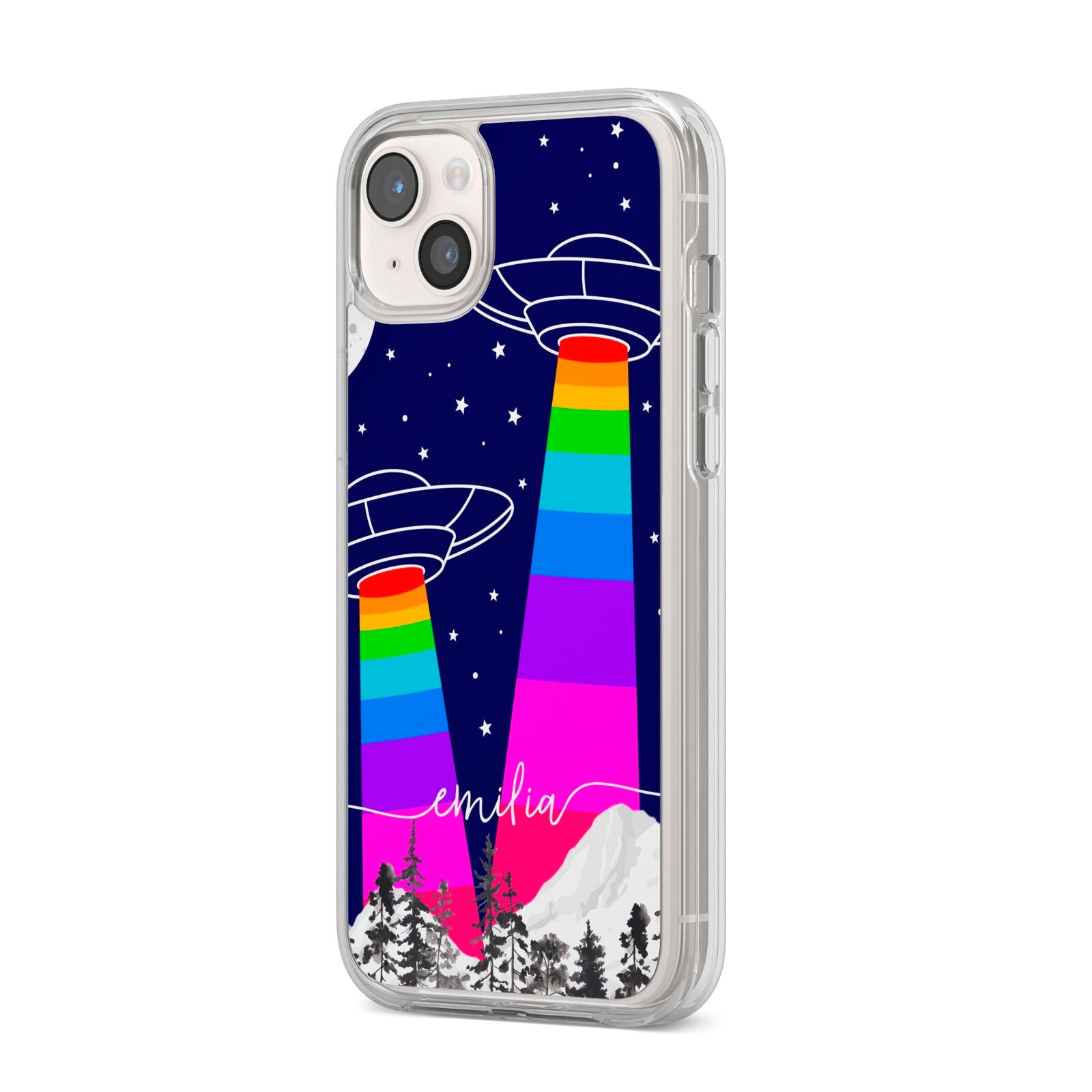 UFO Forest Scene Personalised Name iPhone 14 Plus Clear Tough Case Starlight Angled Image