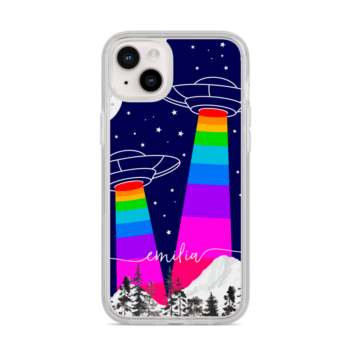 UFO Forest Scene Personalised Name iPhone 14 Plus Clear Tough Case Starlight