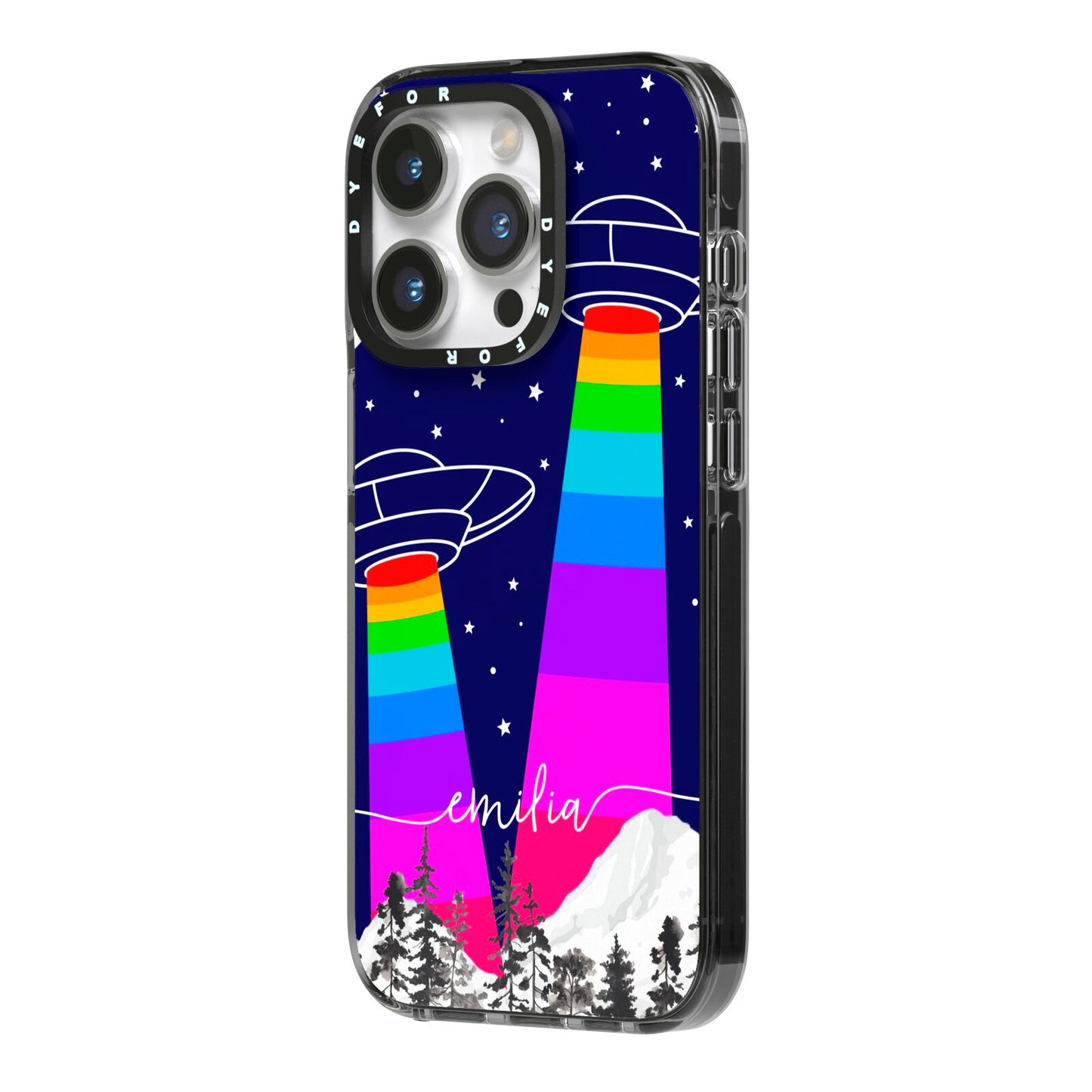 UFO Forest Scene Personalised Name iPhone 14 Pro Black Impact Case Side Angle on Silver phone