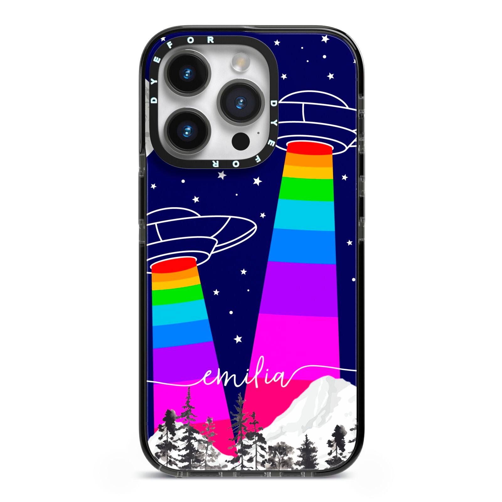 UFO Forest Scene Personalised Name iPhone 14 Pro Black Impact Case on Silver phone