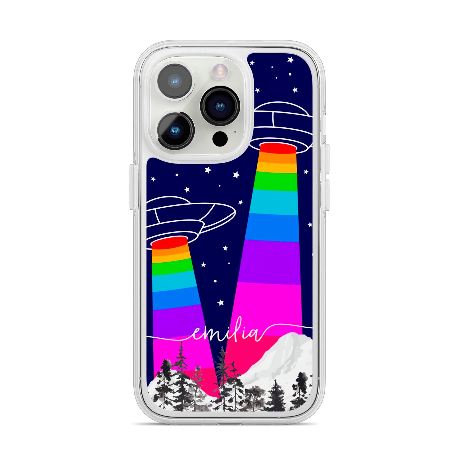 UFO Forest Scene Personalised Name iPhone 14 Pro Clear Tough Case Silver