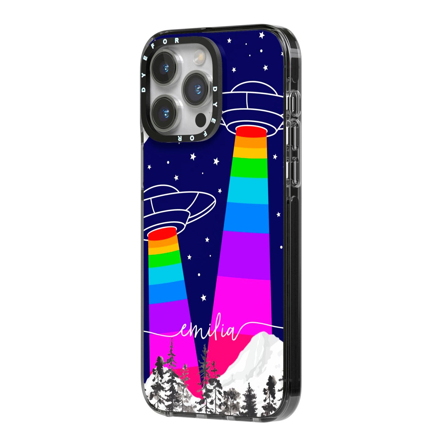 UFO Forest Scene Personalised Name iPhone 14 Pro Max Black Impact Case Side Angle on Silver phone