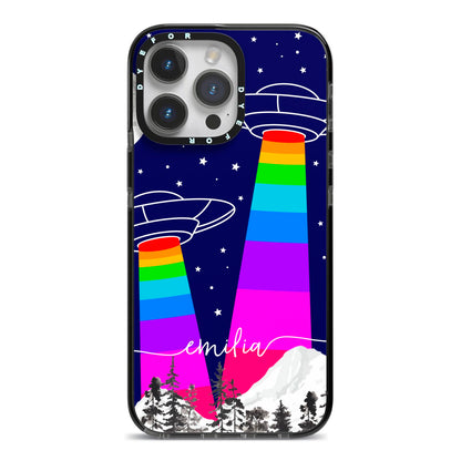 UFO Forest Scene Personalised Name iPhone 14 Pro Max Black Impact Case on Silver phone