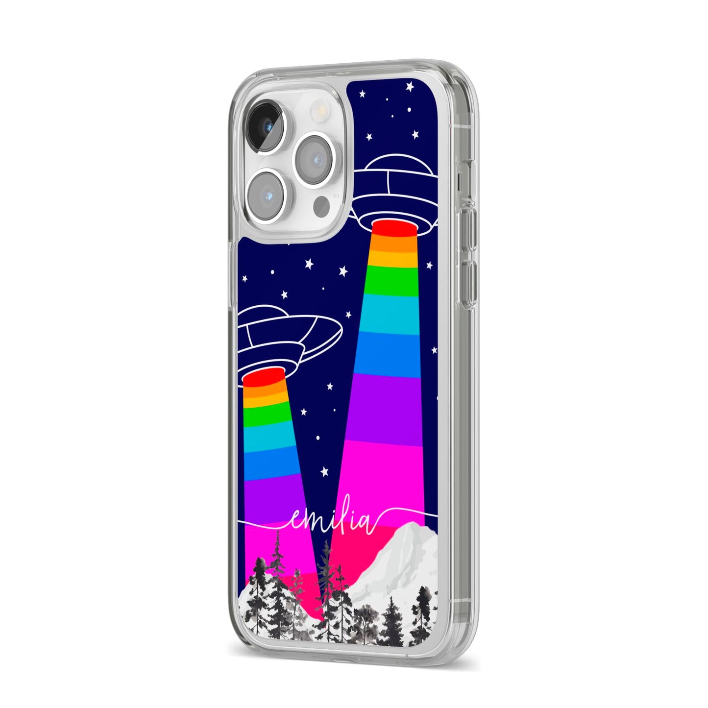 UFO Forest Scene Personalised Name iPhone 14 Pro Max Clear Tough Case Silver Angled Image