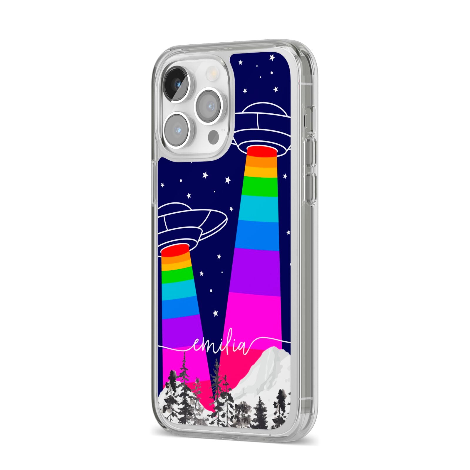 UFO Forest Scene Personalised Name iPhone 14 Pro Max Clear Tough Case Silver Angled Image