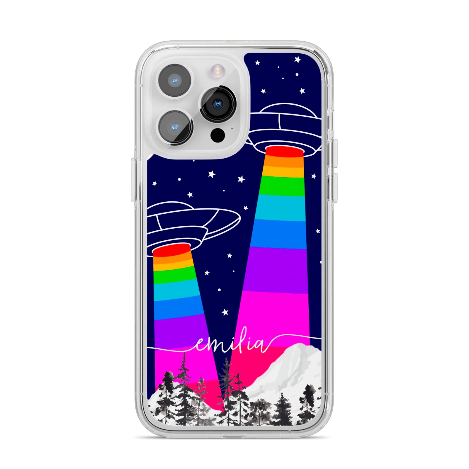 UFO Forest Scene Personalised Name iPhone 14 Pro Max Clear Tough Case Silver