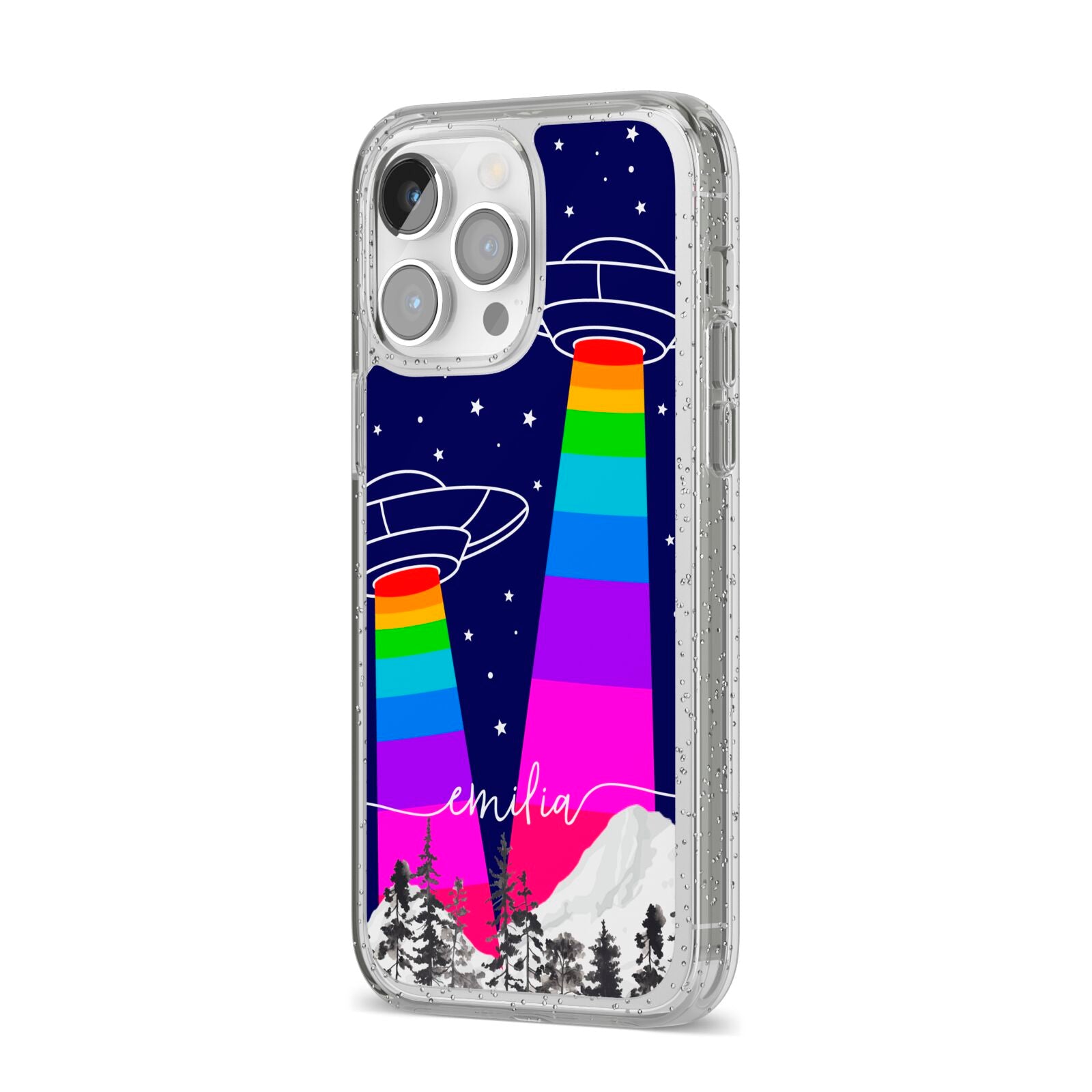 UFO Forest Scene Personalised Name iPhone 14 Pro Max Glitter Tough Case Silver Angled Image