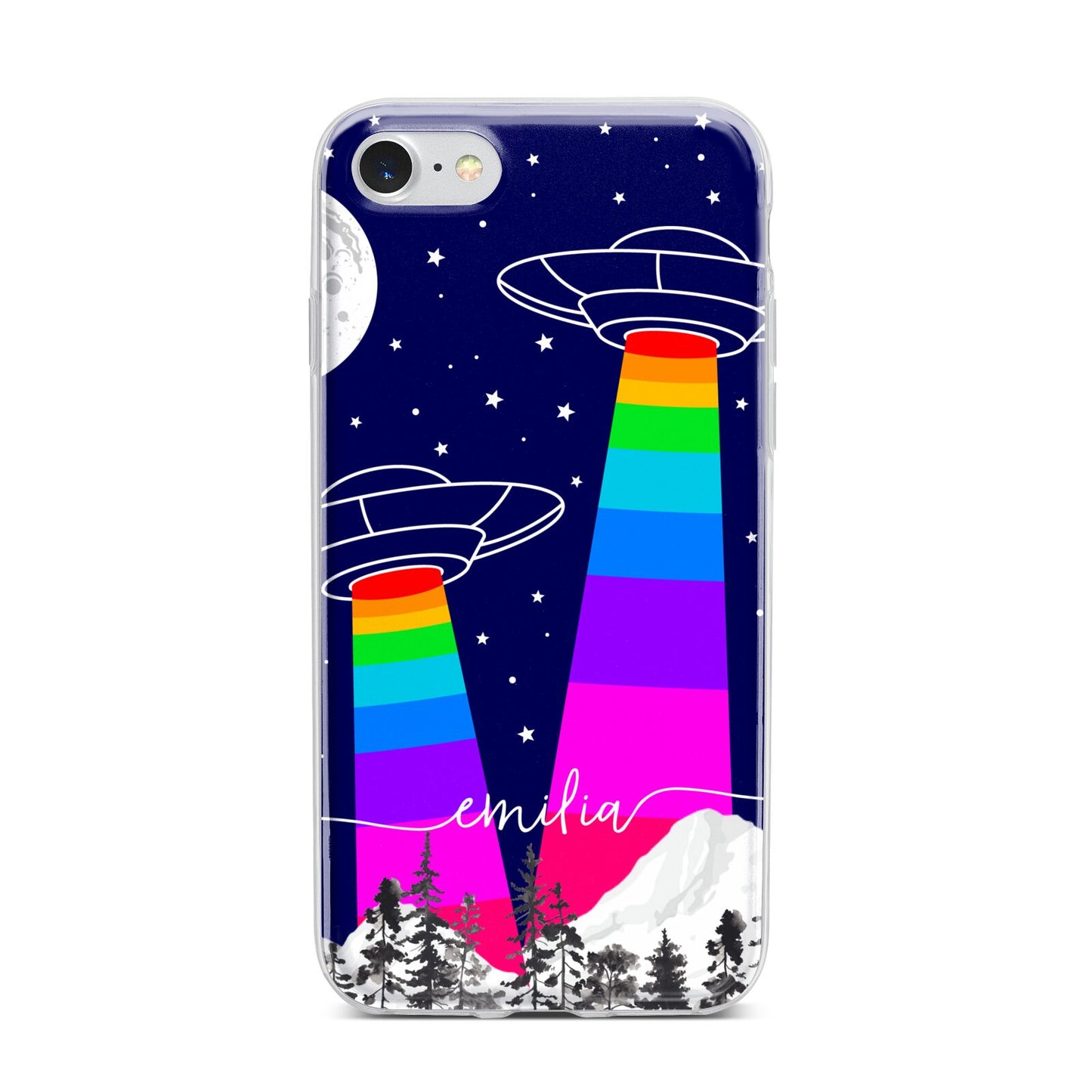 UFO Forest Scene Personalised Name iPhone 7 Bumper Case on Silver iPhone
