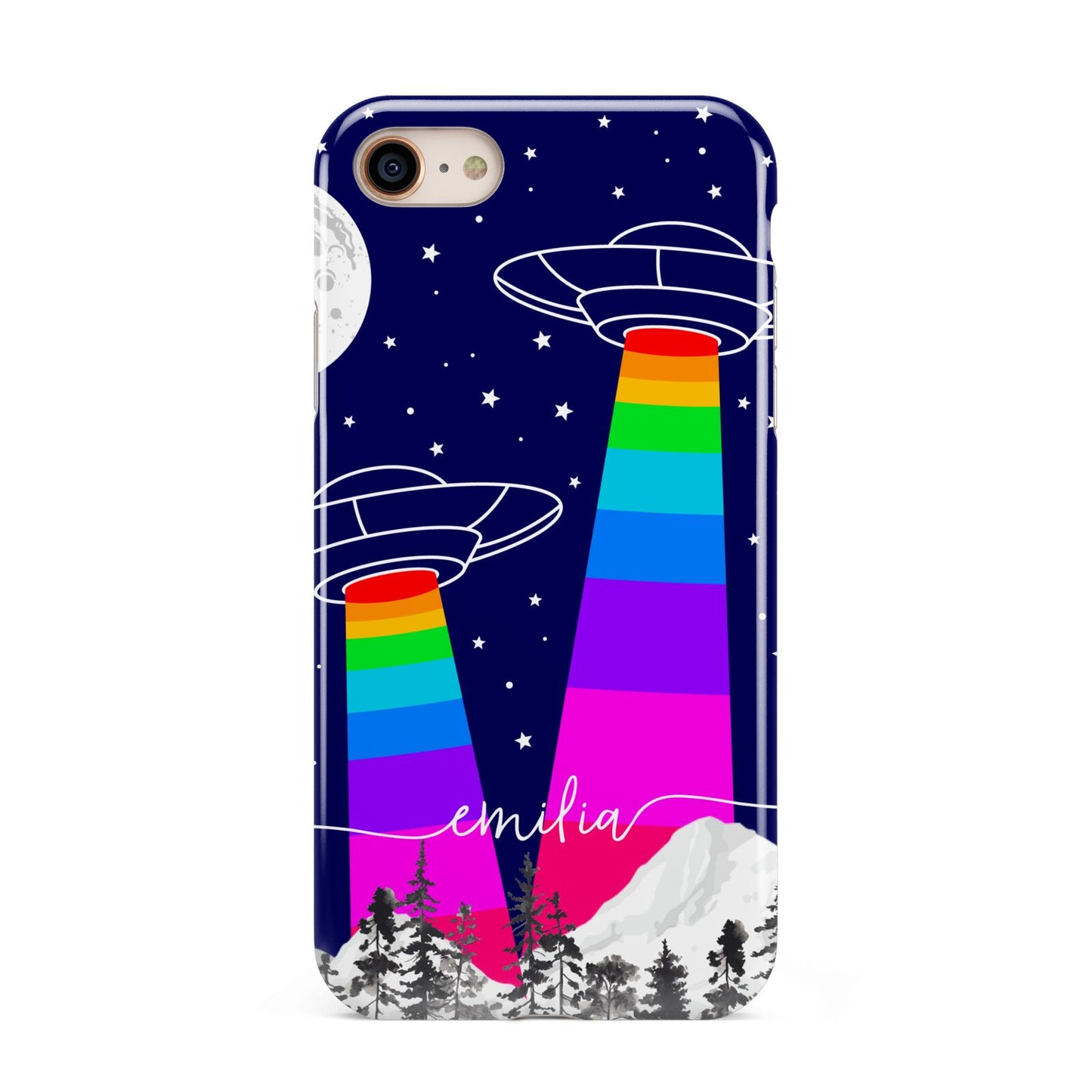 UFO Forest Scene Personalised Name iPhone 8 3D Tough Case on Gold Phone