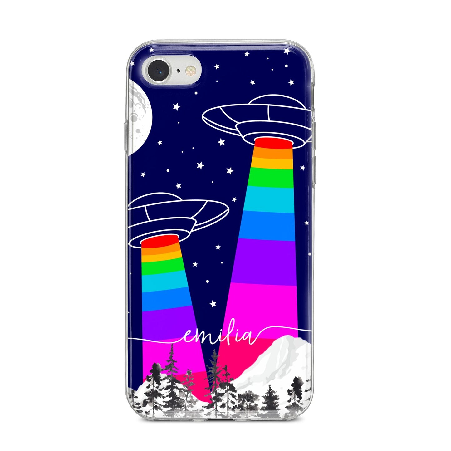 UFO Forest Scene Personalised Name iPhone 8 Bumper Case on Silver iPhone