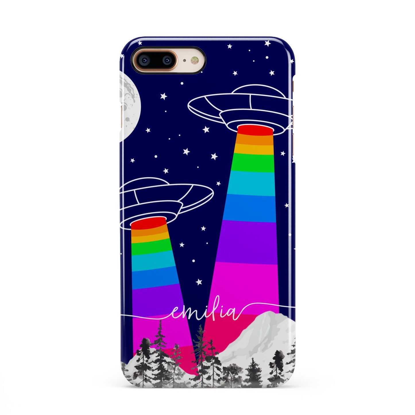 UFO Forest Scene Personalised Name iPhone 8 Plus 3D Snap Case on Gold Phone