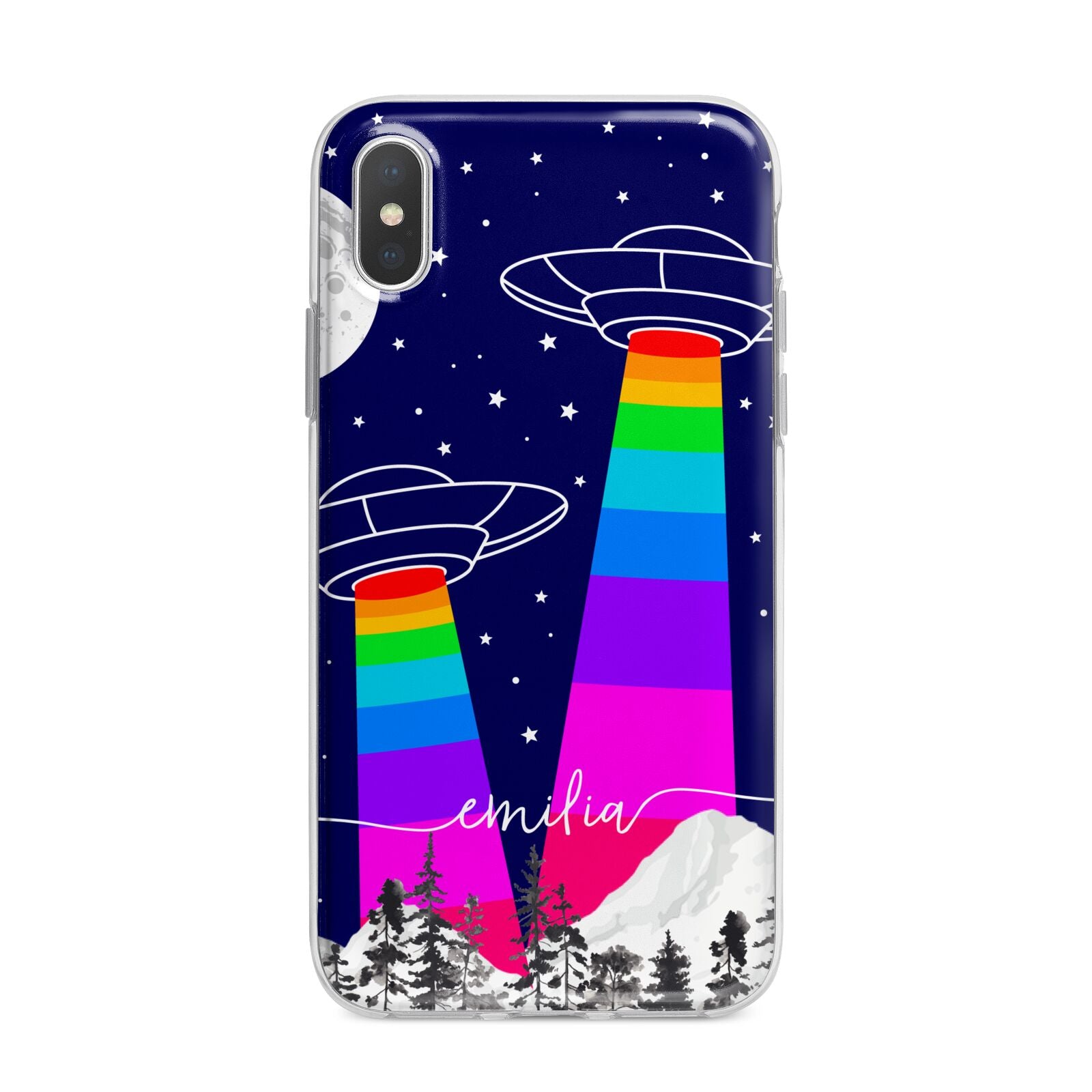 UFO Forest Scene Personalised Name iPhone X Bumper Case on Silver iPhone Alternative Image 1