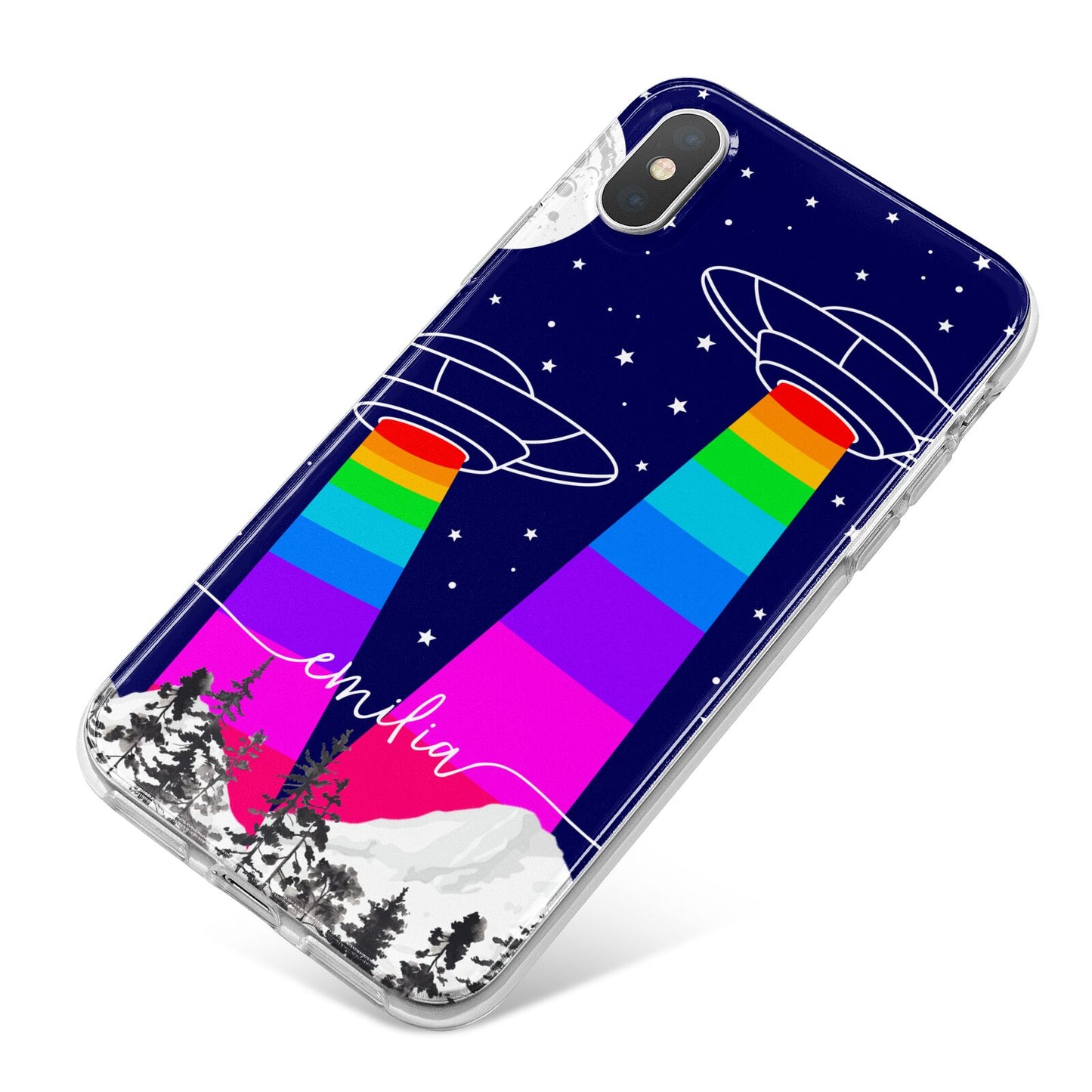 UFO Forest Scene Personalised Name iPhone X Bumper Case on Silver iPhone