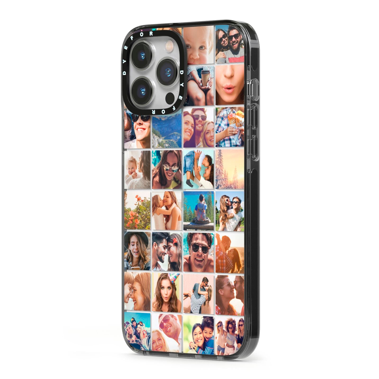 Ultimate Photo Montage Upload iPhone 13 Pro Max Black Impact Case Side Angle on Silver phone