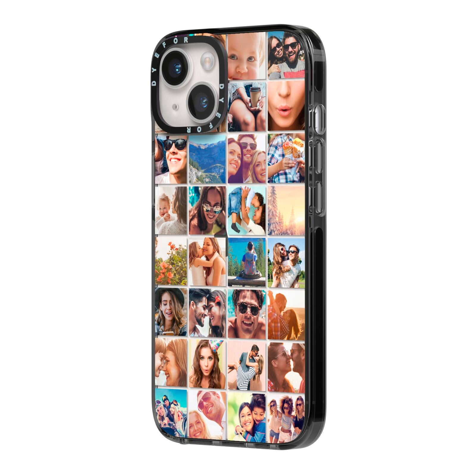 Ultimate Photo Montage Upload iPhone 14 Black Impact Case Side Angle on Silver phone