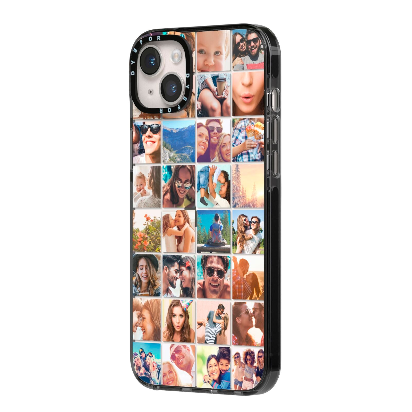 Ultimate Photo Montage Upload iPhone 14 Plus Black Impact Case Side Angle on Silver phone