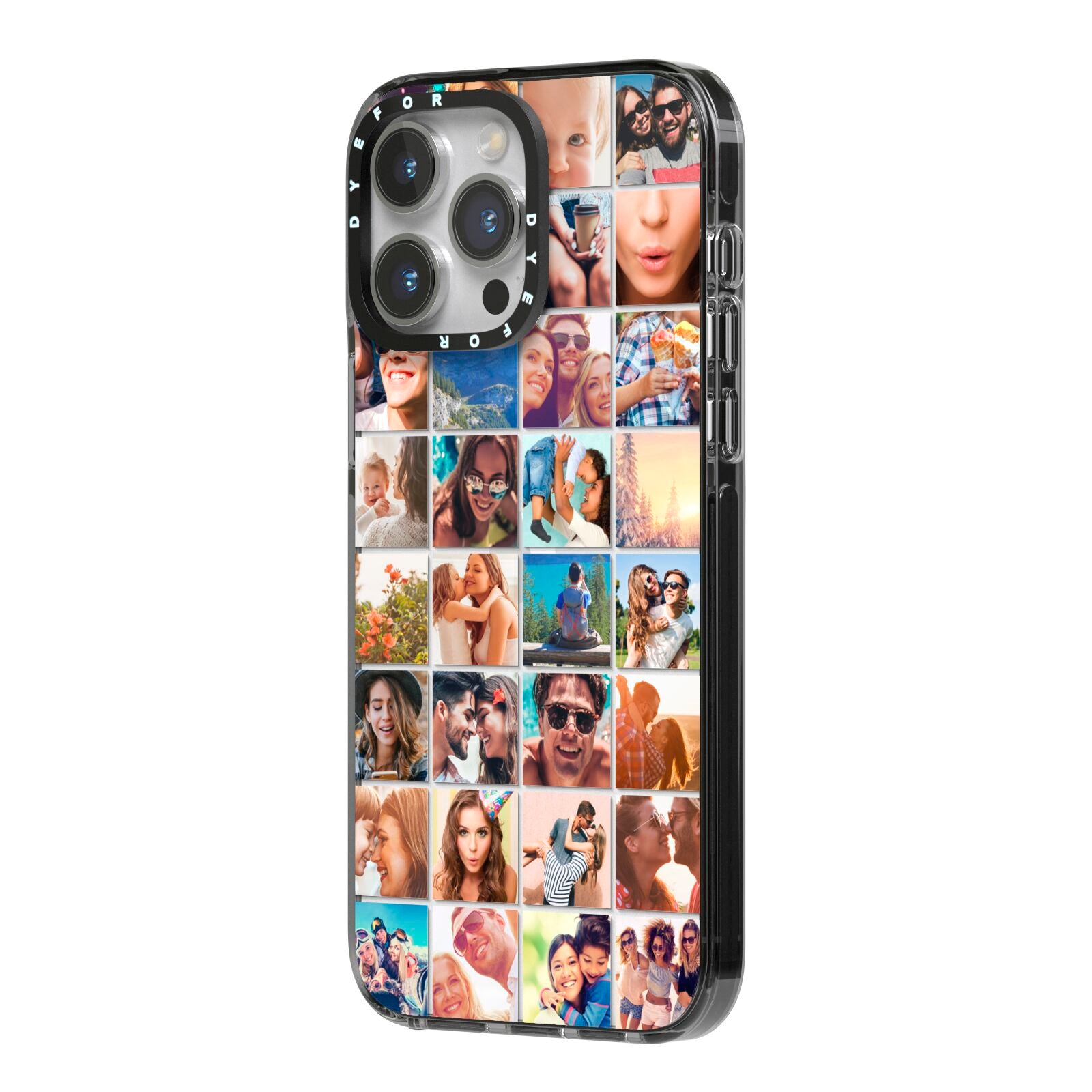 Ultimate Photo Montage Upload iPhone 14 Pro Max Black Impact Case Side Angle on Silver phone