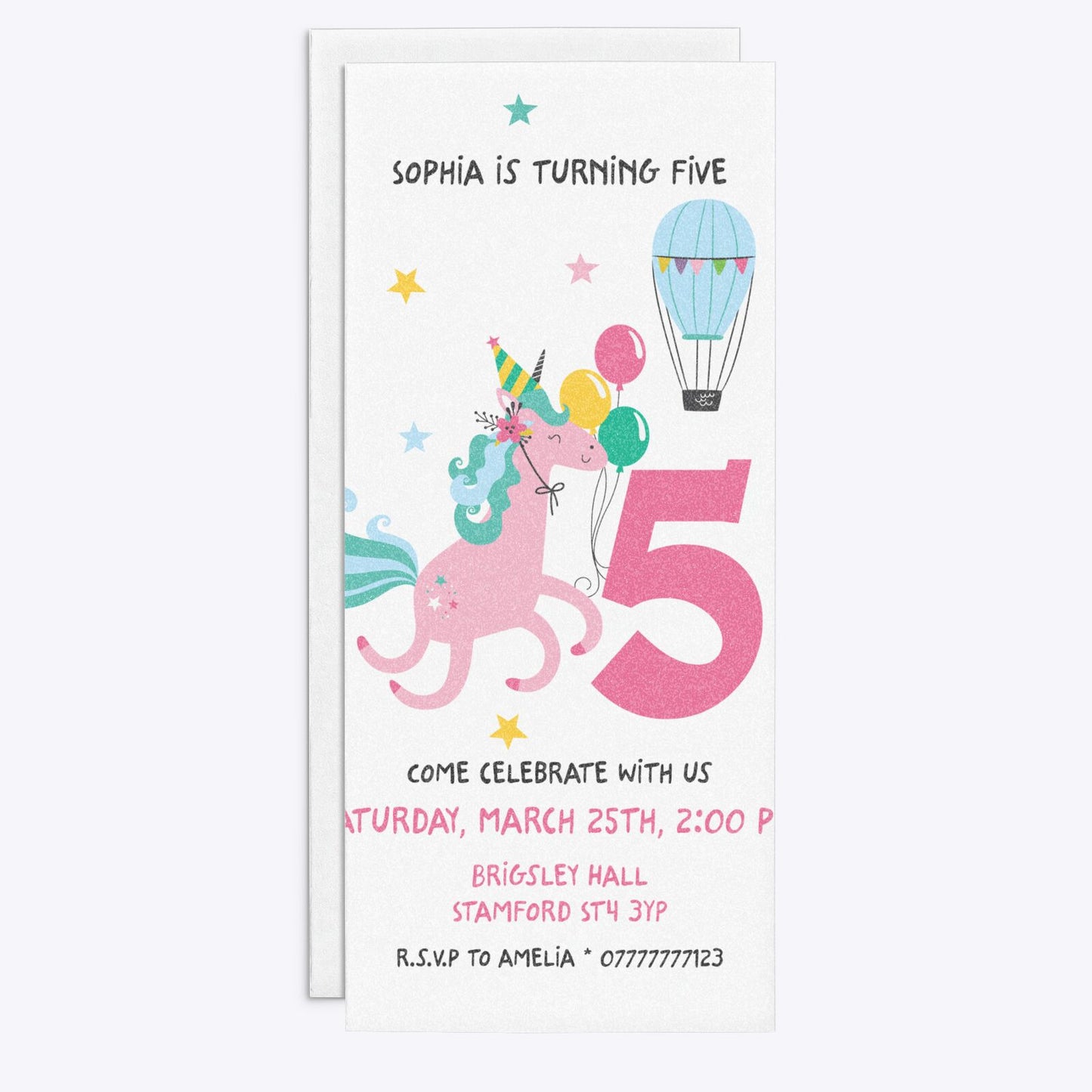 Unicorn Personalised Happy Birthday 4x9 Rectangle Invitation Glitter Front and Back Image