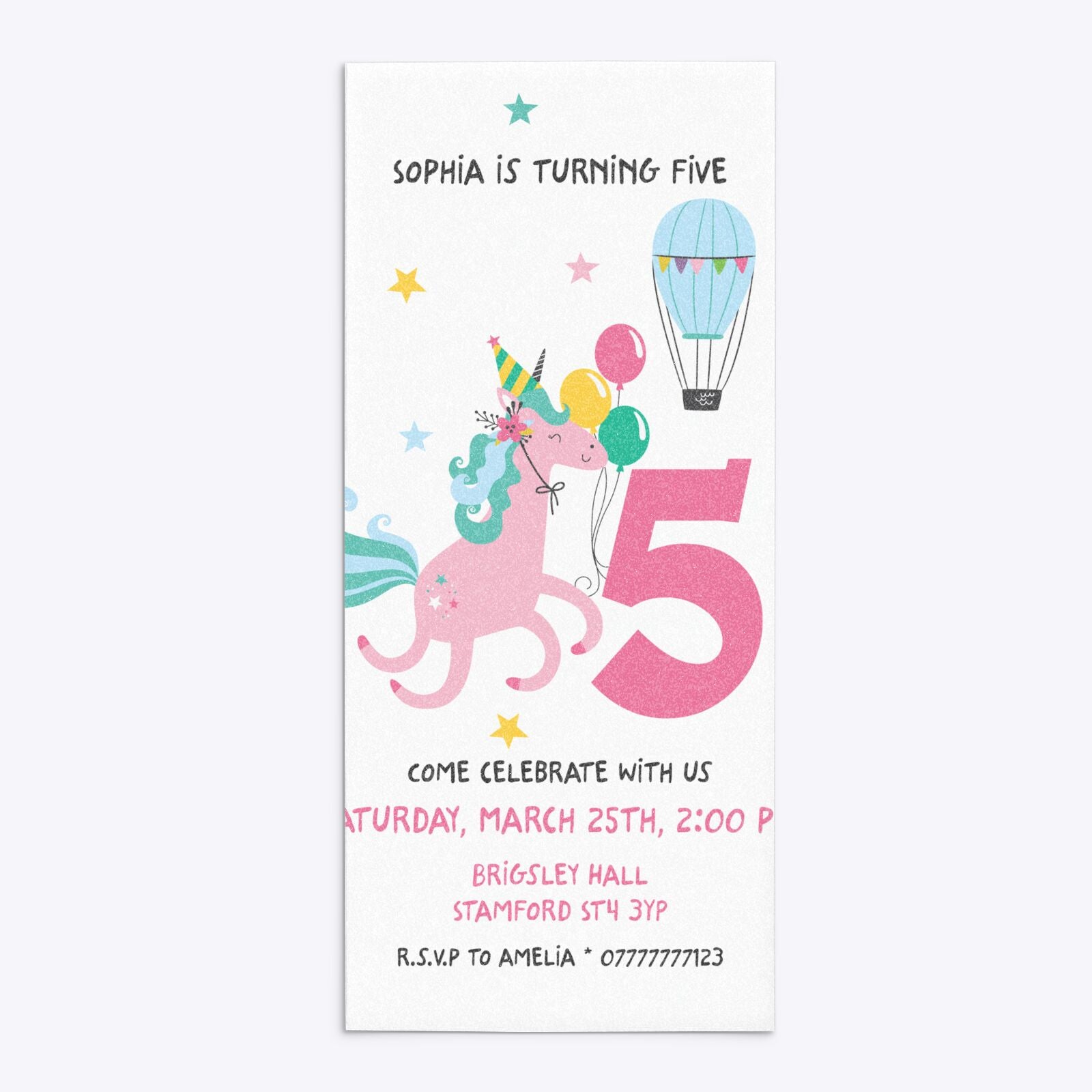 Unicorn Personalised Happy Birthday 4x9 Rectangle Invitation Glitter