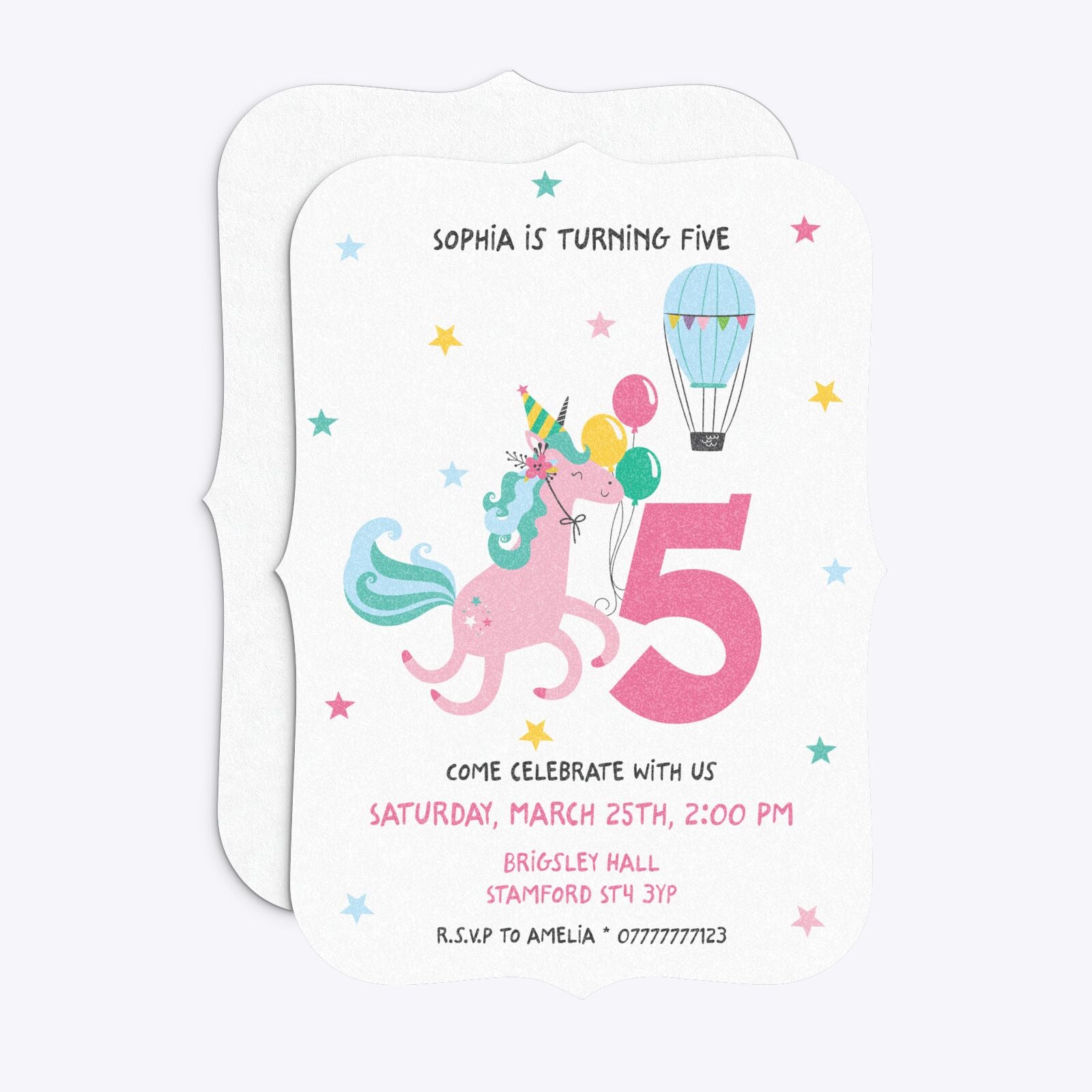 Unicorn Personalised Happy Birthday Bracket Invitation Glitter Front and Back Image