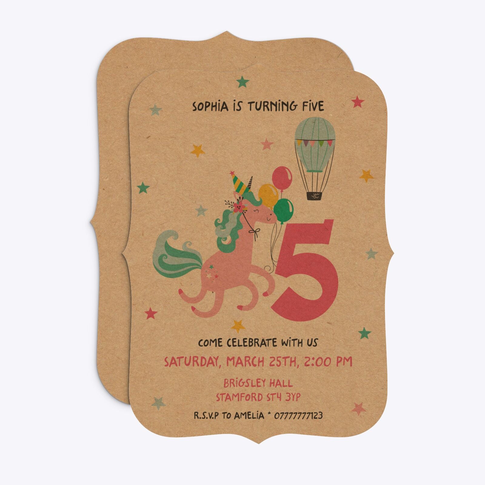 Unicorn Personalised Happy Birthday Bracket Invitation Kraft Front and Back Image