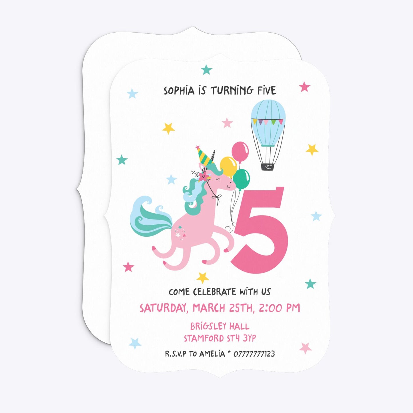 Unicorn Personalised Happy Birthday Bracket Invitation Matte Paper Front and Back Image