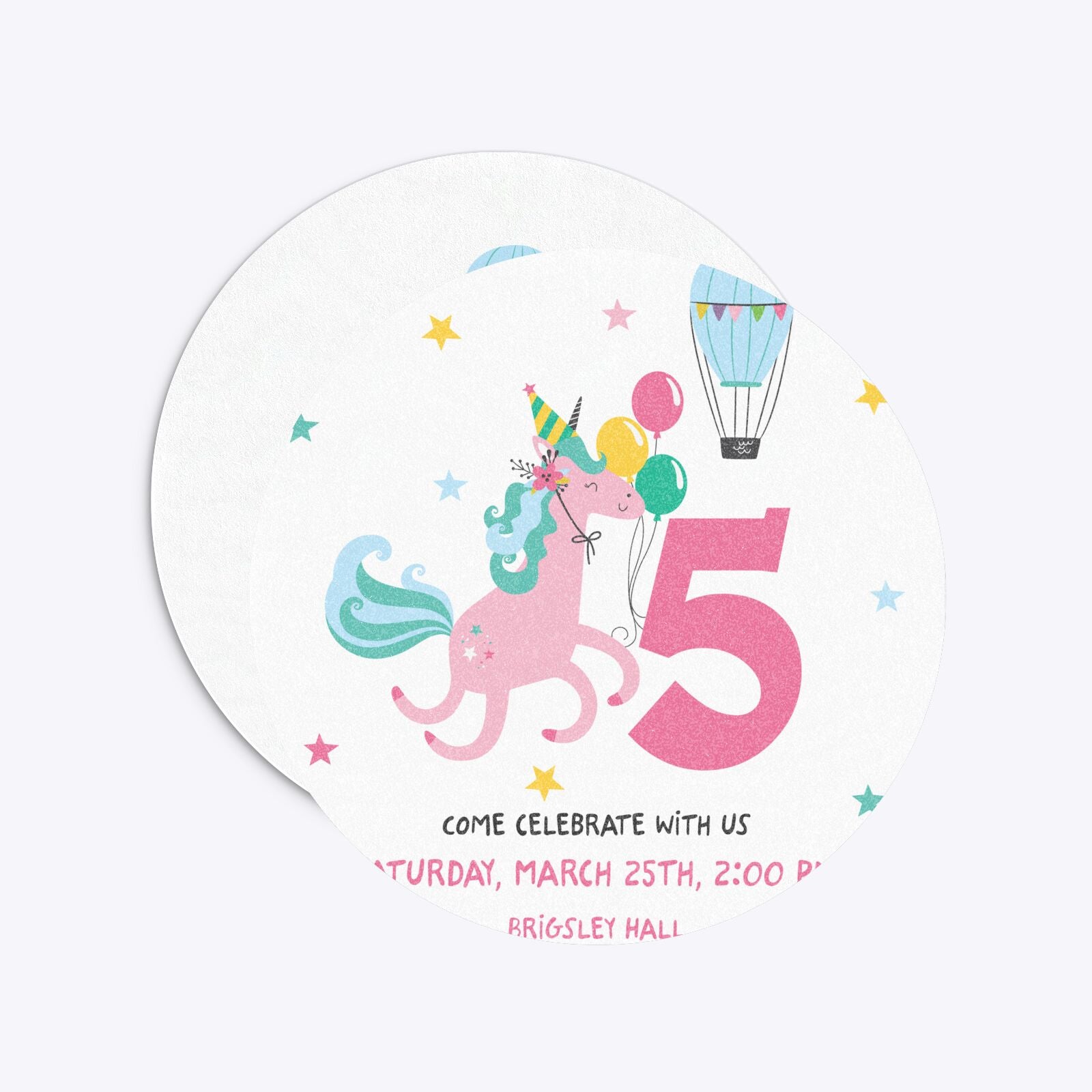 Unicorn Personalised Happy Birthday Circle 5 25x5 25 Invitation Glitter Front and Back Image
