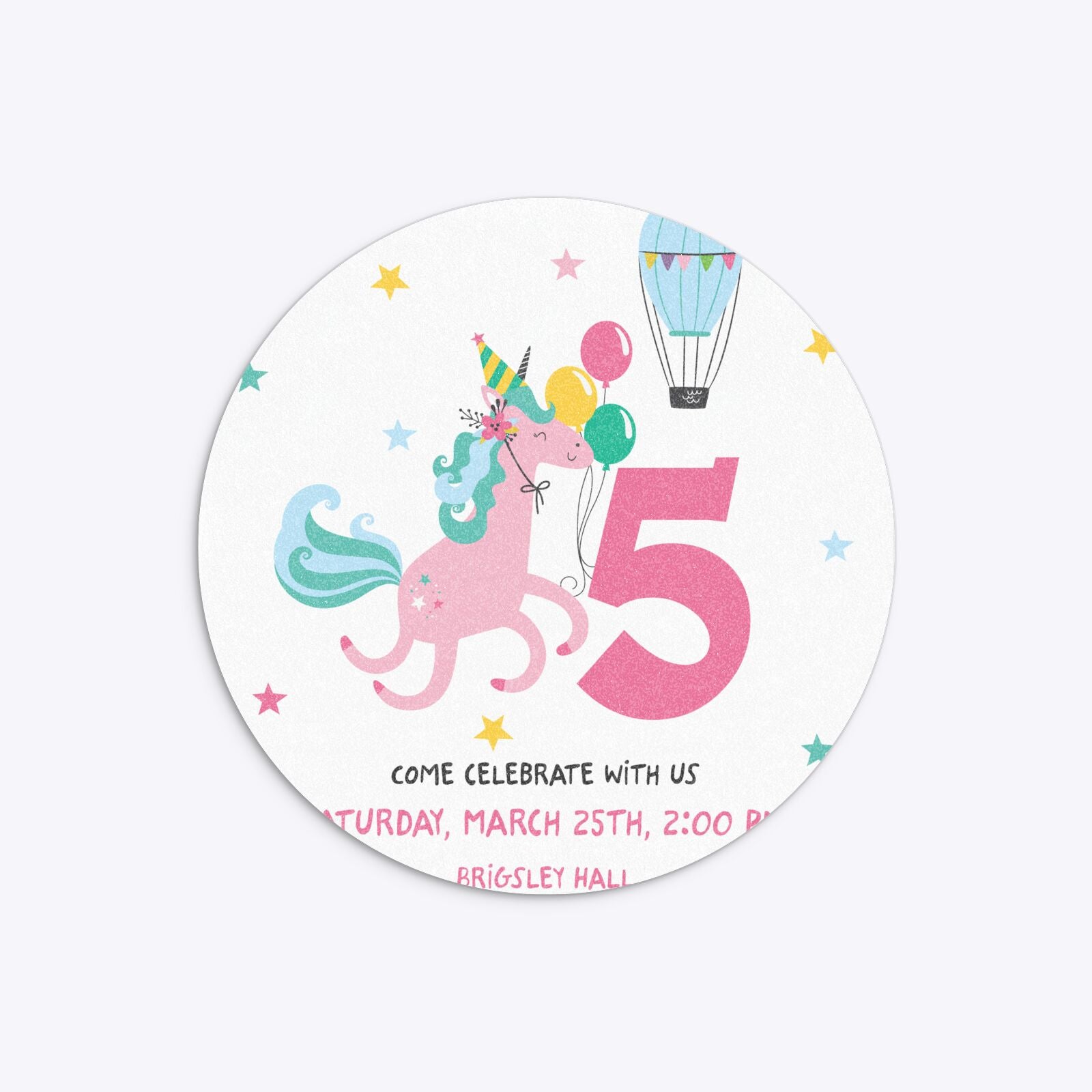 Unicorn Personalised Happy Birthday Circle 5 25x5 25 Invitation Glitter