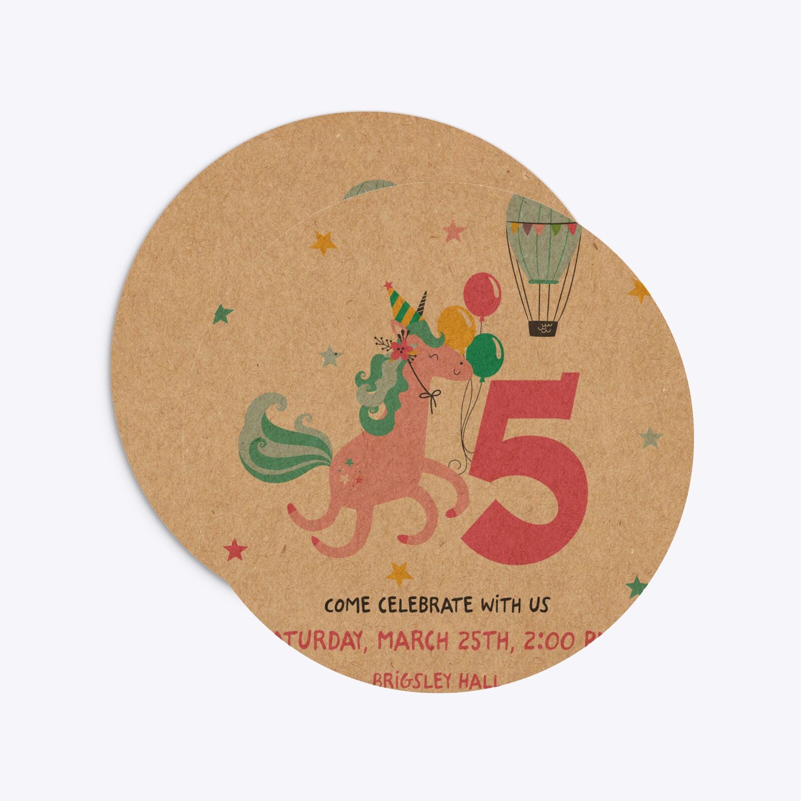 Unicorn Personalised Happy Birthday Circle 5 25x5 25 Invitation Kraft Front and Back Image