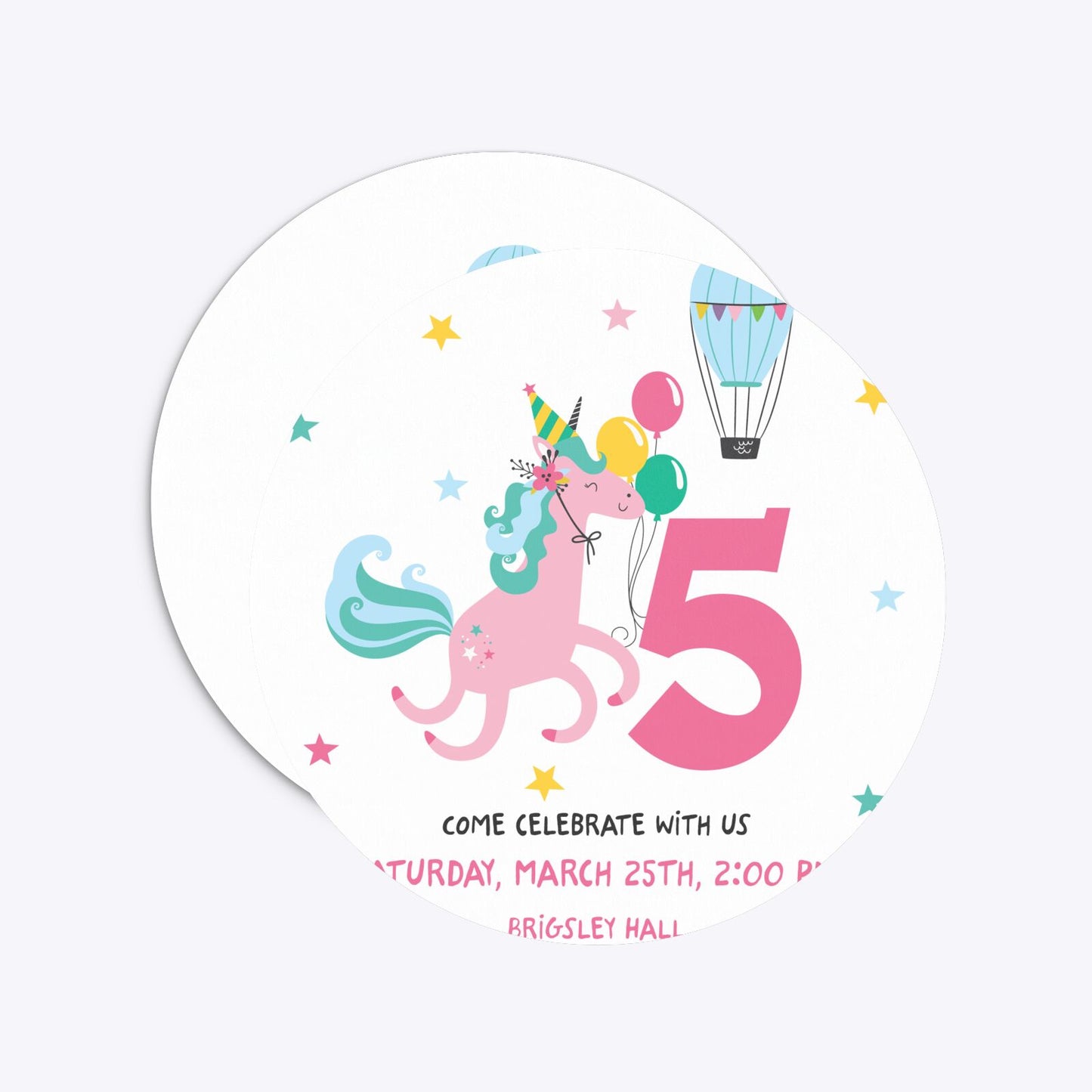 Unicorn Personalised Happy Birthday Circle 5 25x5 25 Invitation Matte Paper Front and Back Image
