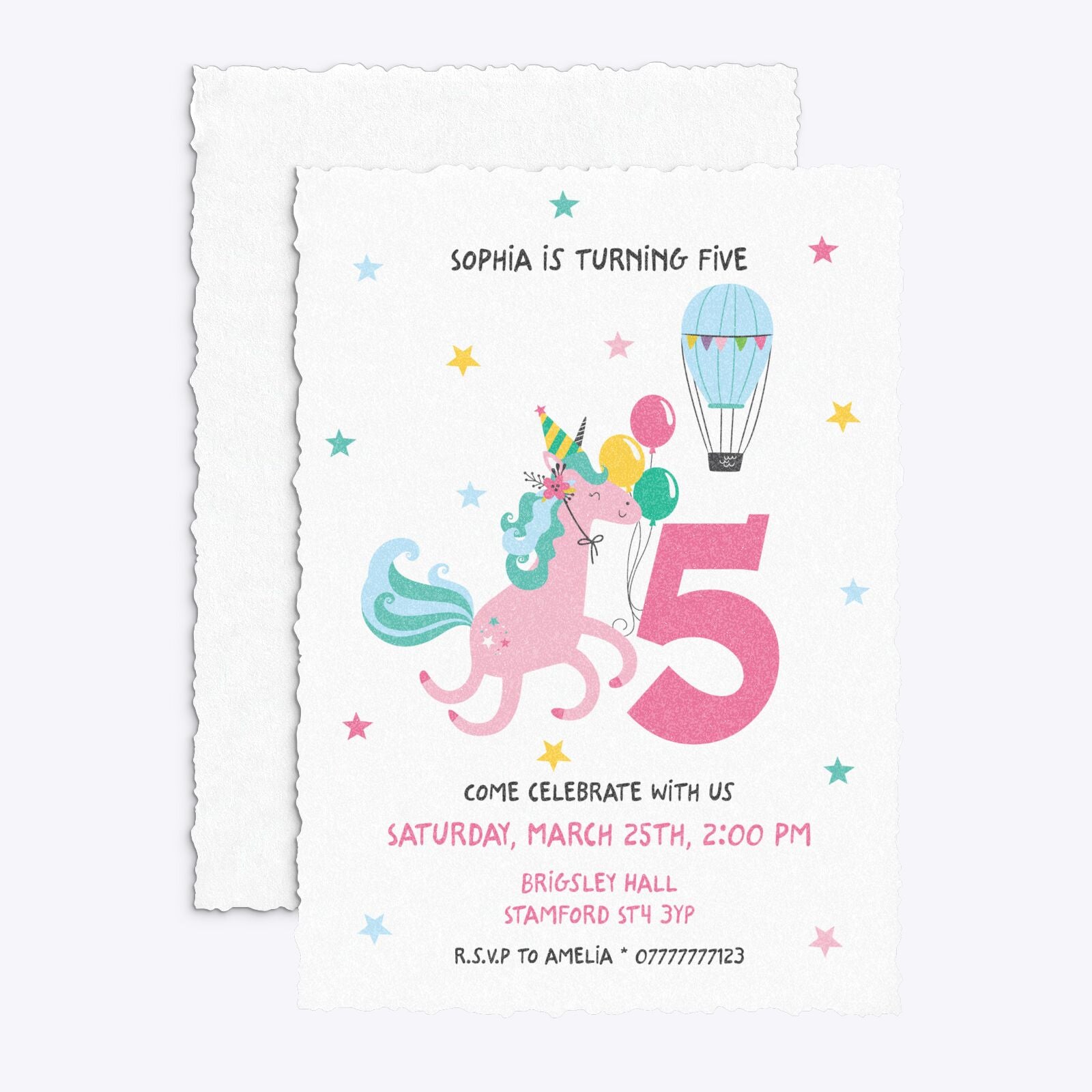 Unicorn Personalised Happy Birthday Deckle Invitation Glitter Front and Back Image